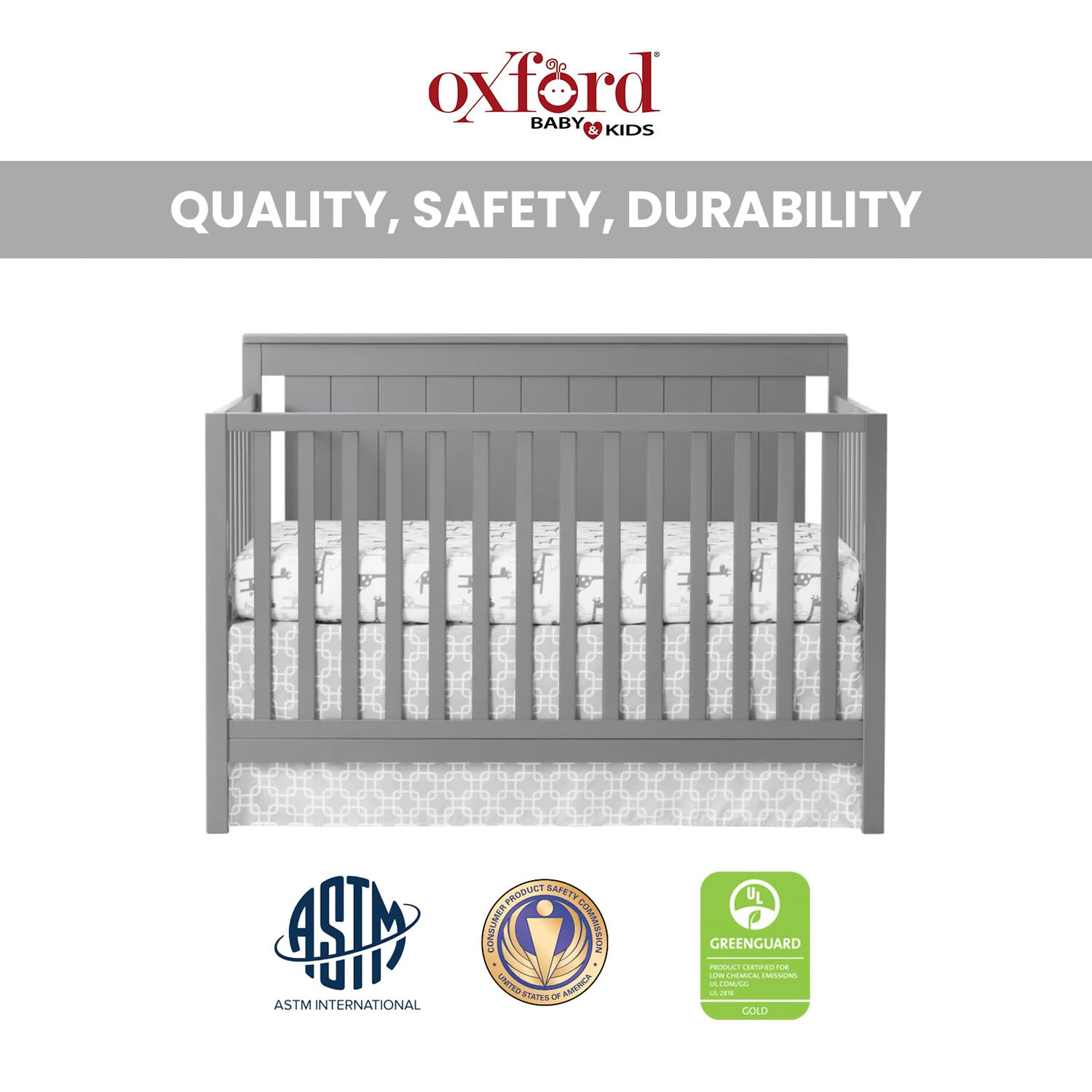 Oxford Baby Lazio 4-in-1 Convertible Crib - GREENGUARD Gold Certified Safe Nursery Furniture, Dove Gray Finish | Perfect for Newborn to Toddler Bedroom & Daycare Centers