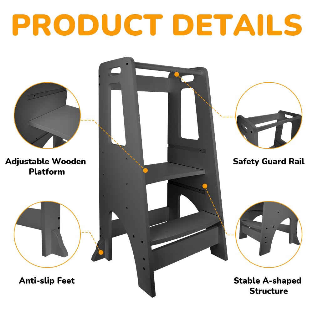 ZZBIQS Adjustable Wooden Kitchen Helper Tower for Toddlers - Safe Learning Step Stool for Kids Counter Access - Montessori Toddler Standing Tower (Grey) - Perfect for Baking, Cooking & Kitchen Learning Activities
