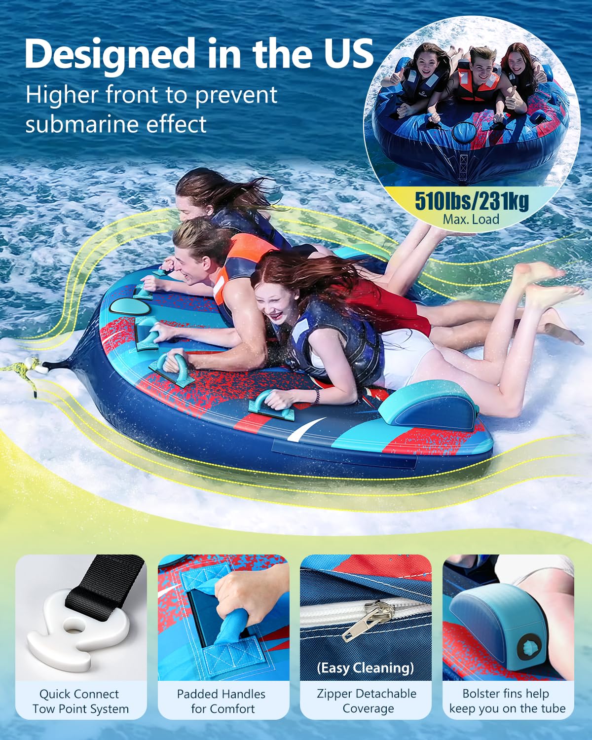 **Heavy Duty Inflatable Towable Tube for Boating - 1-3 Riders, Speed Water Sport Tube with Zippered Nylon Cover, Bolster Fins & Safety Air Valve - Perfect for Lake, River & Ocean Fun**