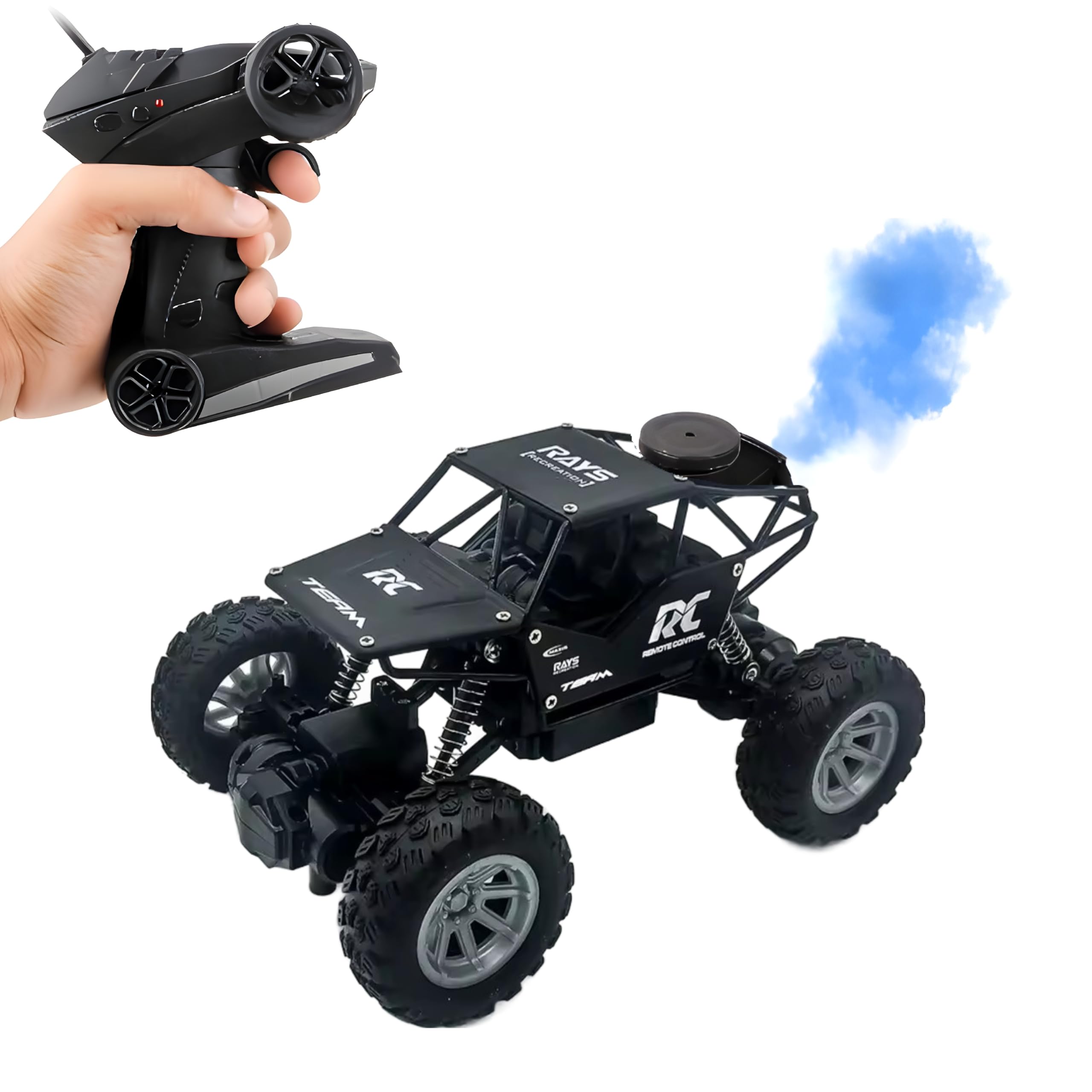 Eli & Chi Remote Control Monster Truck RC Car - 2WD Off Road Rock Crawler with 45° Climbing Angle, Rechargeable Battery & Water Mist Spray | High Speed Racing Toy for Boys & Kids | Outdoor Play, Backyard Adventures, Birthday Gifts (Black)