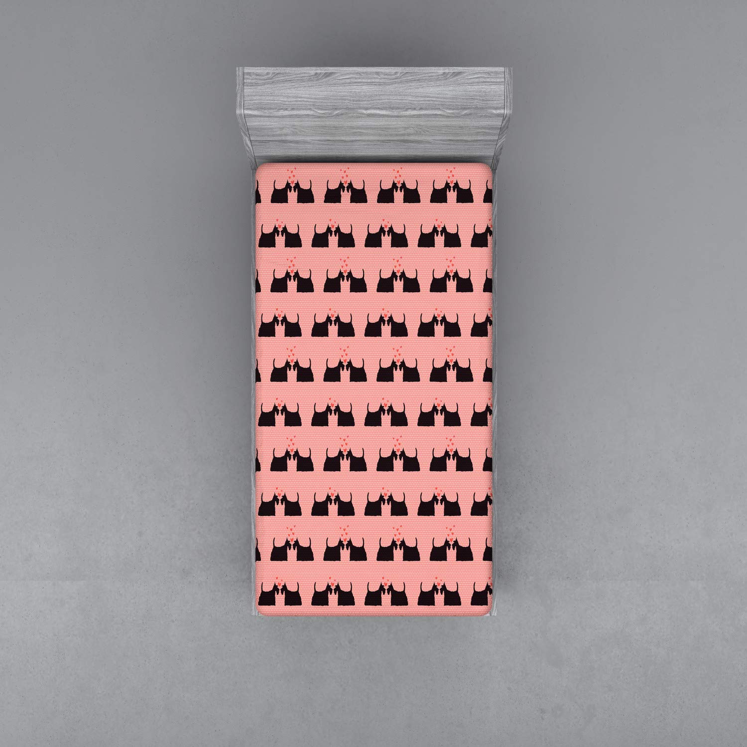 Ambesonne Scottie Dog Fitted Sheet - Romantic Animal Couple with Hearts on Pink Polka Dot Background | Deep Pocket Elastic Bed Cover for Twin Size Beds | Perfect for Pet Lovers' Bedrooms, Kids' Rooms & Cozy Home Decor