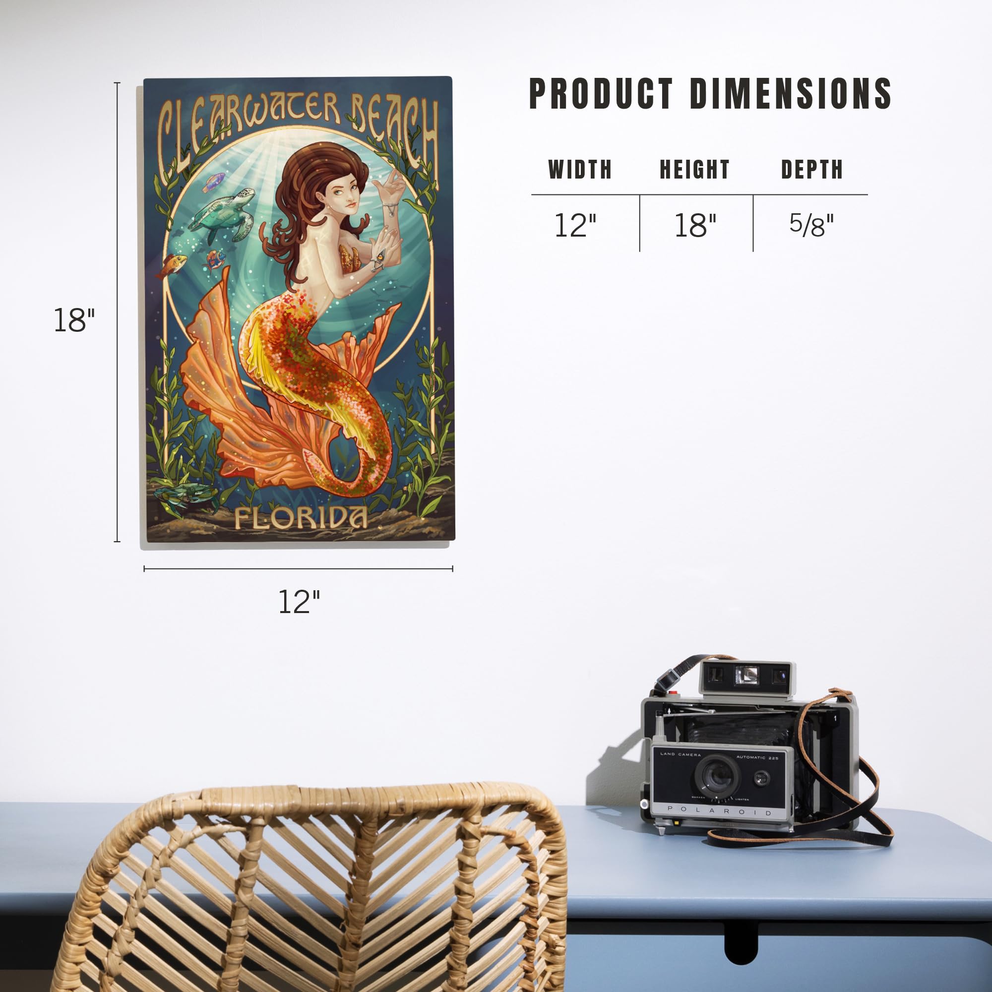 Lantern Press 12x18 Inch Premium Wood Wall Sign - Ready to Hang Coastal Decor - Clearwater Beach Florida Mermaid Art - Perfect for Beach House, Living Room or Gift