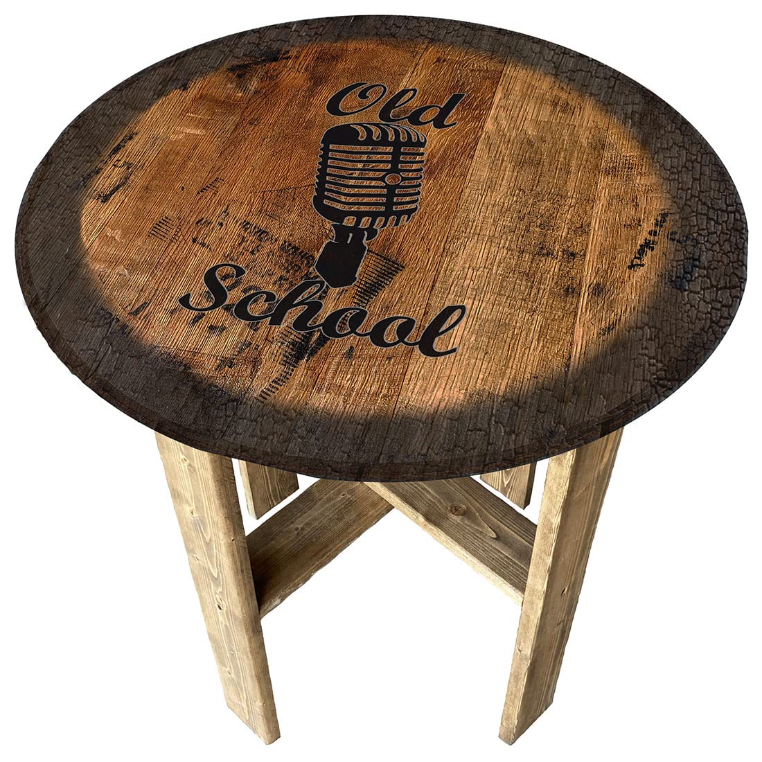 Vintage Retro Music Microphone Pub Gift - Rustic Farmhouse Whiskey Barrel End Table with Round Top - Perfect for Home Bar, Man Cave, or Music Lover's Living Room Decor