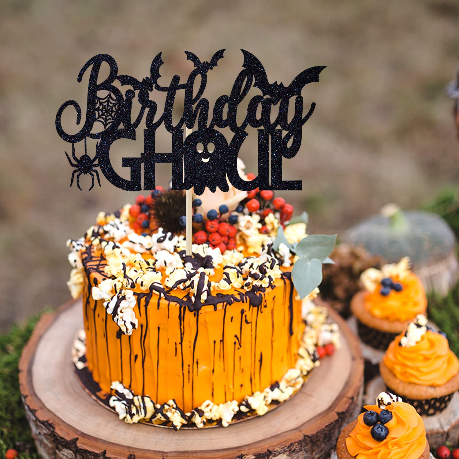 Black Glitter Birthday Ghoul Cake Topper - Happy Halloween Ghost Cake Decor for Birthday Parties, Halloween Celebrations & Spooky Themed Events - Perfect for Cake Decoration, Party Supplies & Festive Dessert Toppings