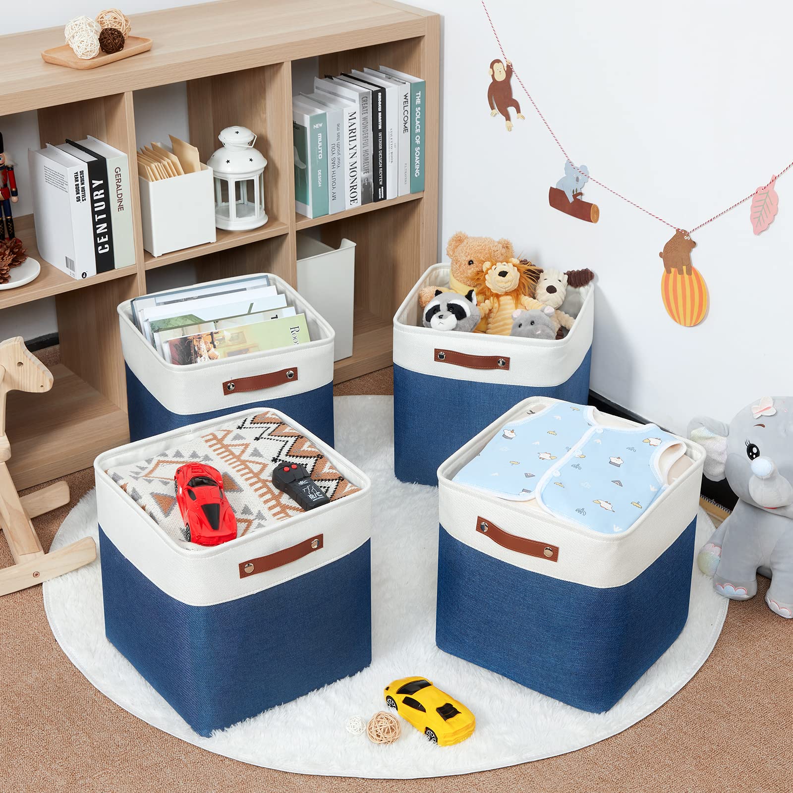 HNZIGE 13 Inch Fabric Cube Storage Baskets with Handles - Organizer Bins for Clothes, Toys, Closet & Nursery - Foldable Shelving Storage Solution for Home, Office & Kids Room (Blue & White)