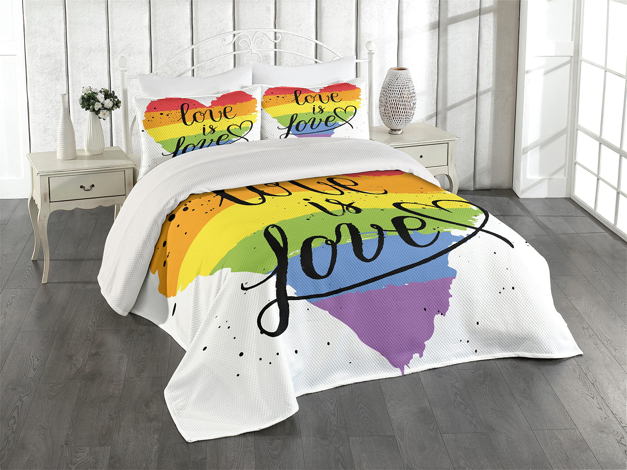 Ambesonne Pride Coverlet - LGBT Gay Lesbian Parade Love is Love Handwriting Paint Strokes 3-Piece Quilted Bedspread Set with 2 Pillow Shams, King Size Multicolor - Perfect for Pride Month Decor, LGBTQ+ Bedroom & Guest Room Styling