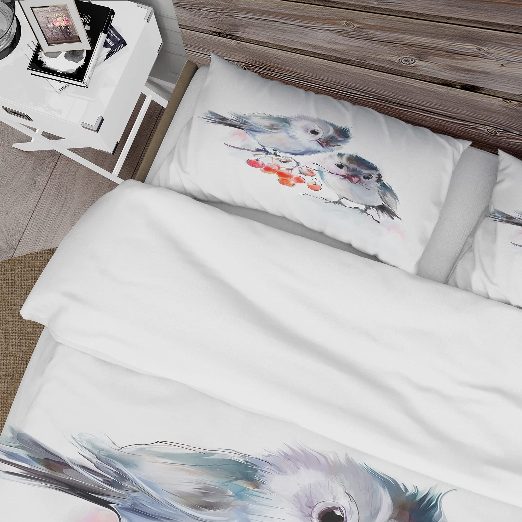 DesignQ Traditional Birds on Branch with Red Berries Duvet Cover Set - Queen Size 3-Piece Animal Print Bedding for All Seasons | Cozy Home Decor for Master Bedroom & Guest Room