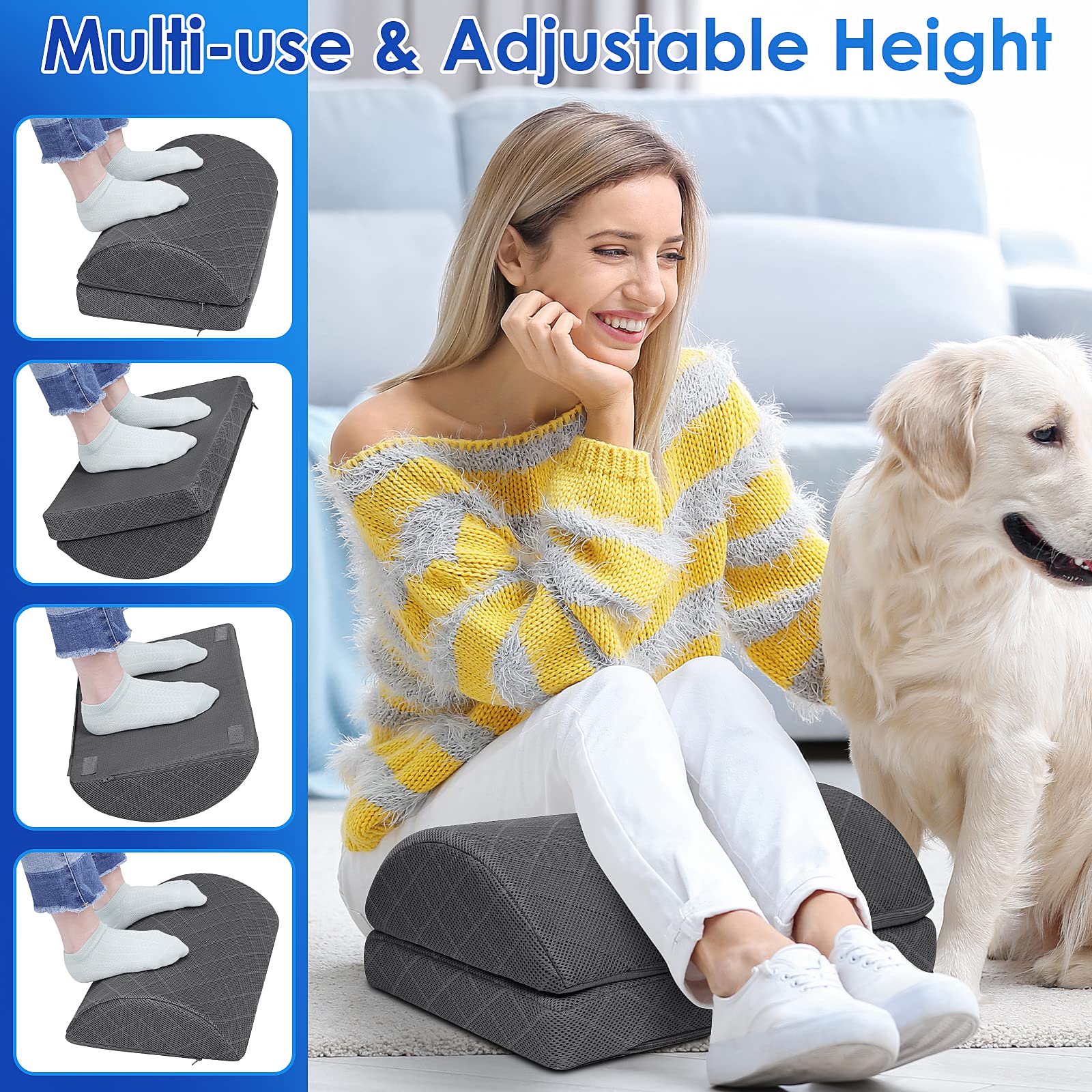 Ergonomic Foot Rest for Office & Gaming - Adjustable Height Under Desk Footrest with Removable Cover - Perfect for Workstations, Home Office & Long Gaming Sessions (Gray)