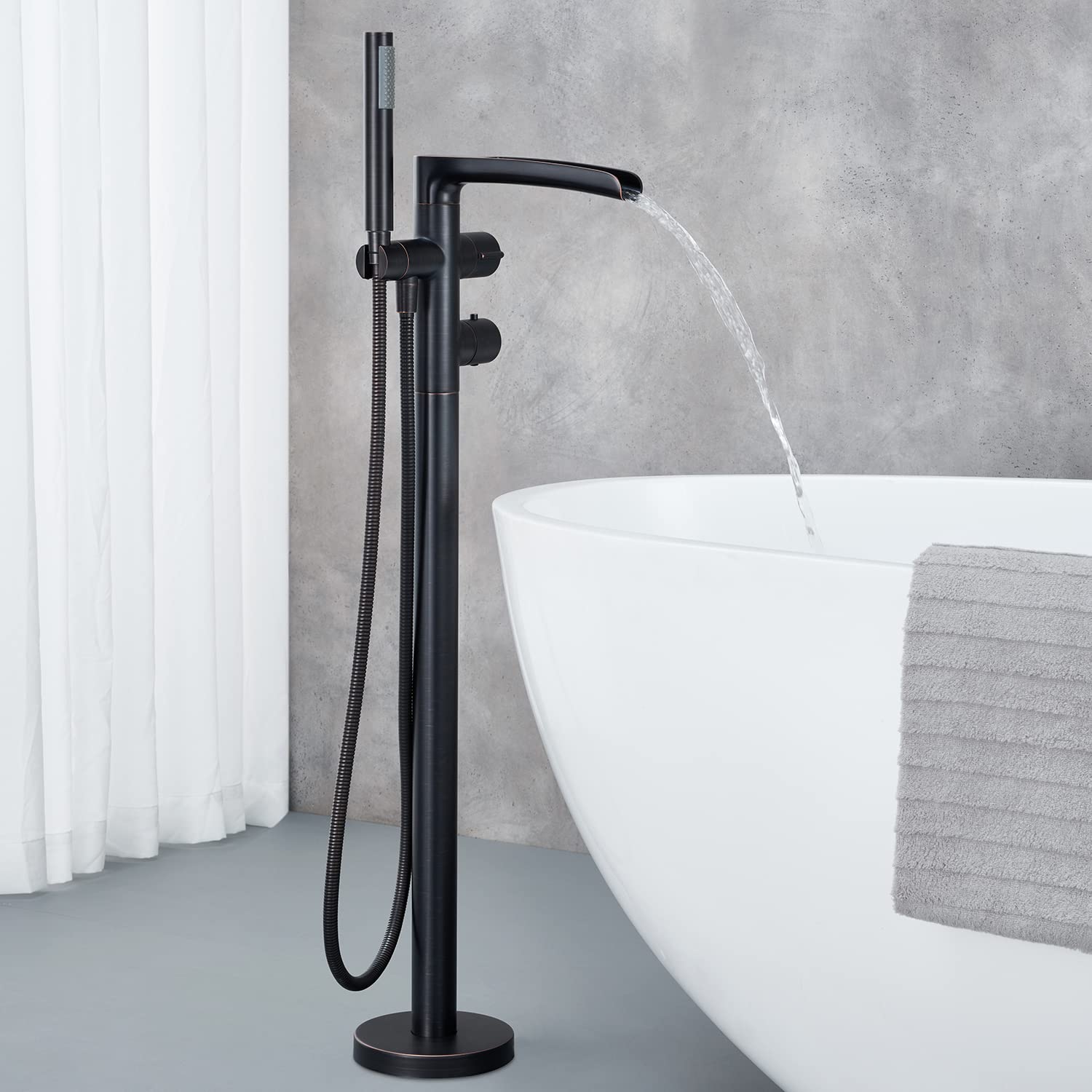 Thermostatic Freestanding Bathtub Faucet - Oil Rubbed Bronze Waterfall Tub Filler with Hand Shower & Rough-in Valve | Floor Mount Brass Bathroom Faucet for Luxury Spa & Master Bathroom Renovation