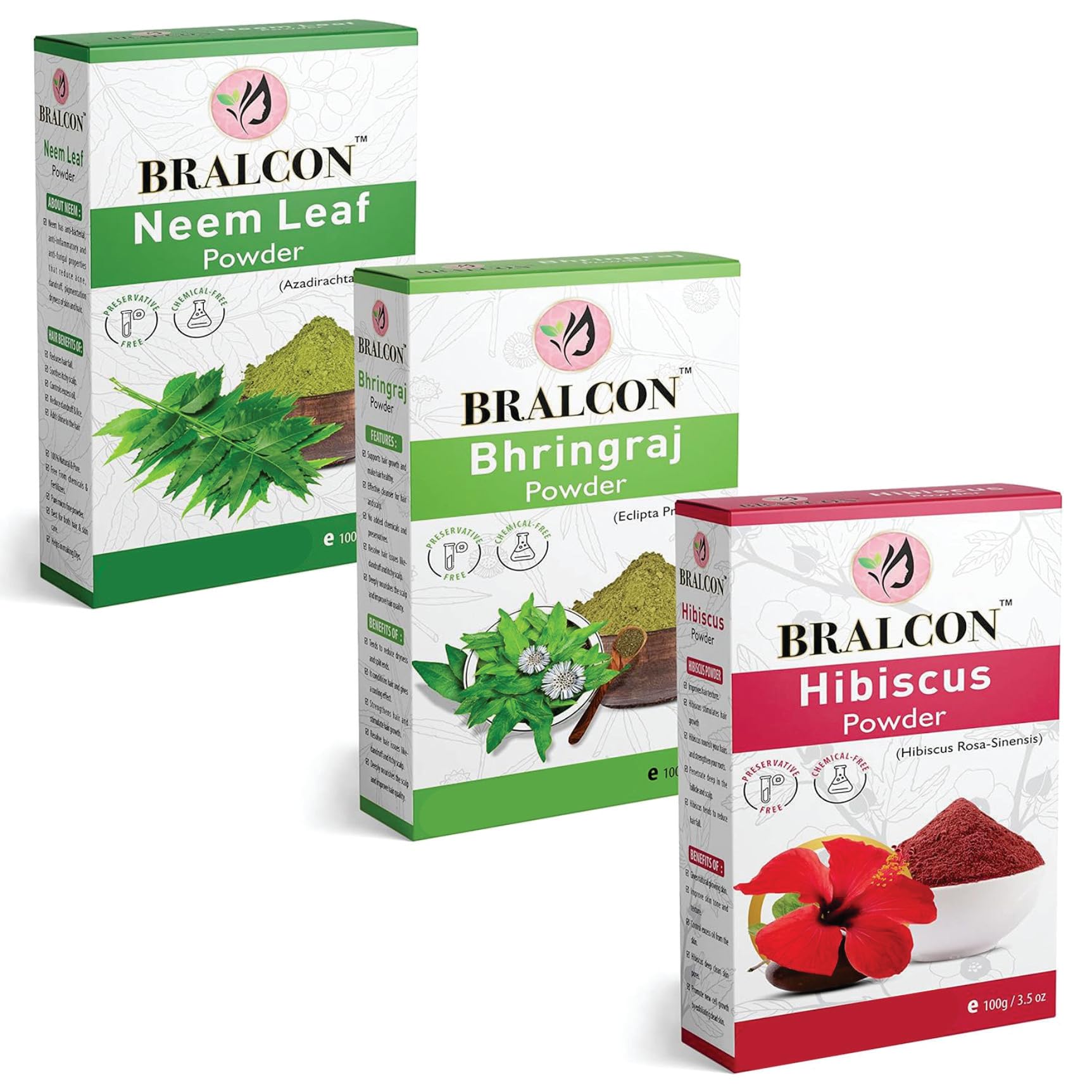 Organic Neem, Bhringraj & Hibiscus Flower Powder Combo - 300g (100g x 3) | Natural Skin Whitening & Hair Growth Treatment | For Face Care, Hair Conditioning & Scalp Health | Vegan, Chemical-Free Beauty Solution for Glowing Skin & Stronger Hair