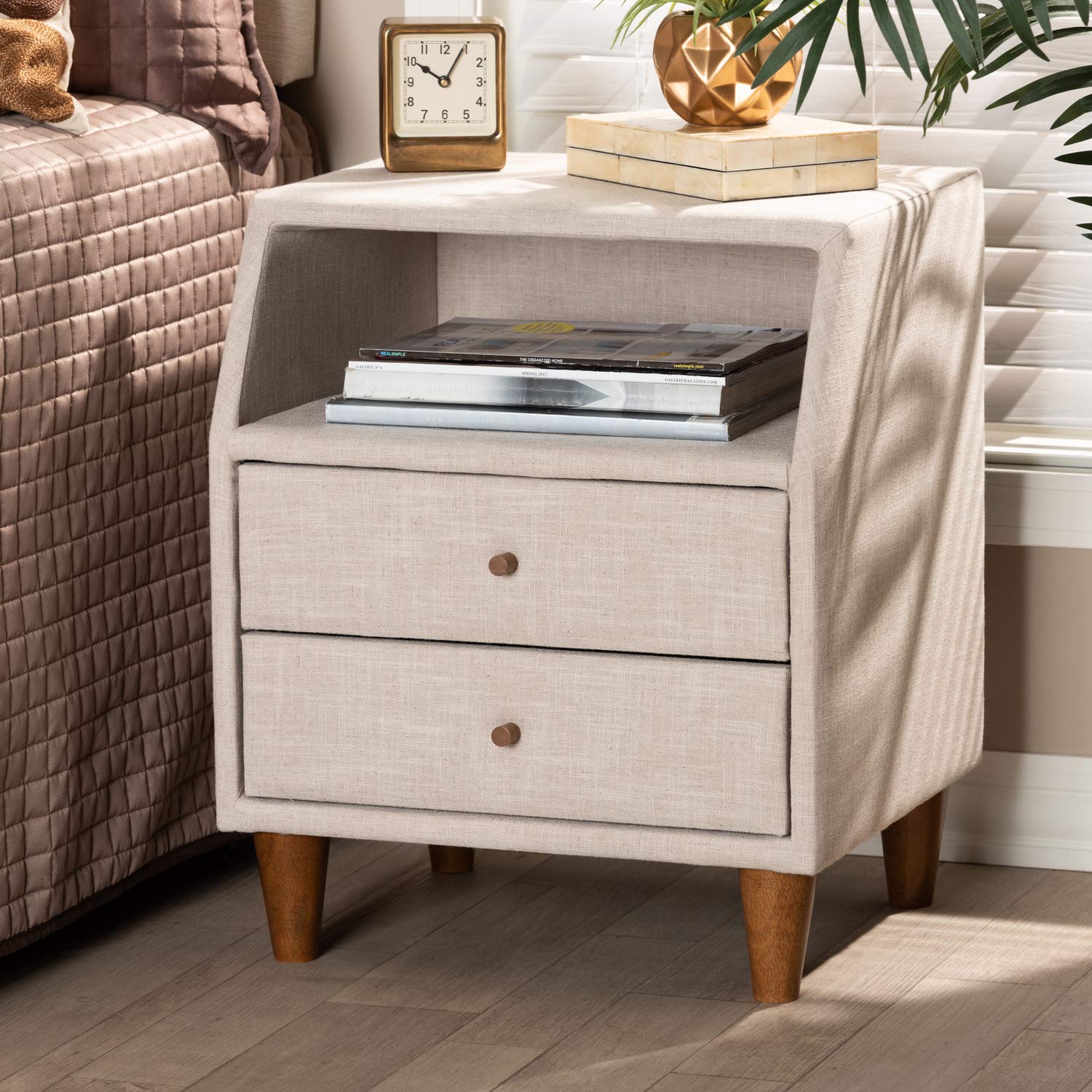 Baxton Studio Claverie Mid-Century Modern Nightstand - Beige Fabric Upholstered 2-Drawer Wood Bedside Table for Bedroom Decor - Perfect for Bedside Storage & Contemporary Home Furnishing
