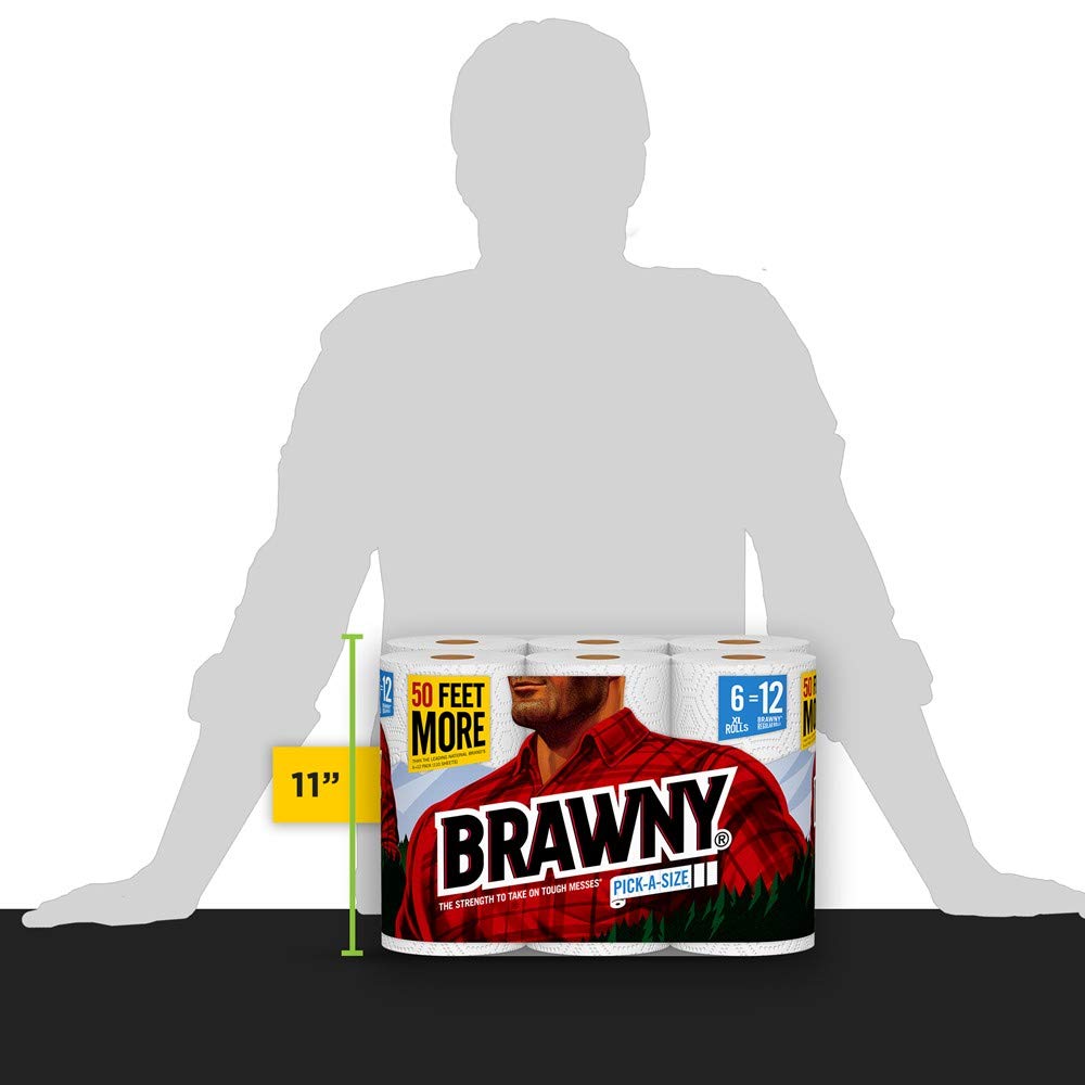 Brawny Paper Towels, 6 XL Rolls | Pick-A-Size | White | 6 Rolls = 12 Regular Rolls | Ultra Absorbent for Kitchen, Bathroom & Cleaning Messes