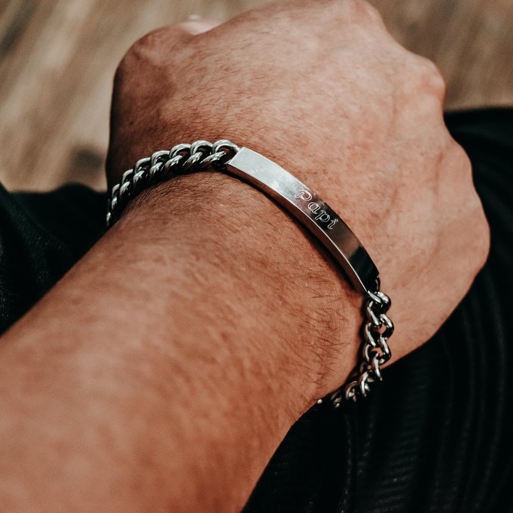 Custom Engraved Stainless Steel Men's ID Bracelet - Personalized Name Bracelet for Men - 8.5 Inch Curb Link Bracelet - Unique Gifts for Dad, Husband, Boyfriend - Perfect for Birthdays, Anniversaries & Father's Day