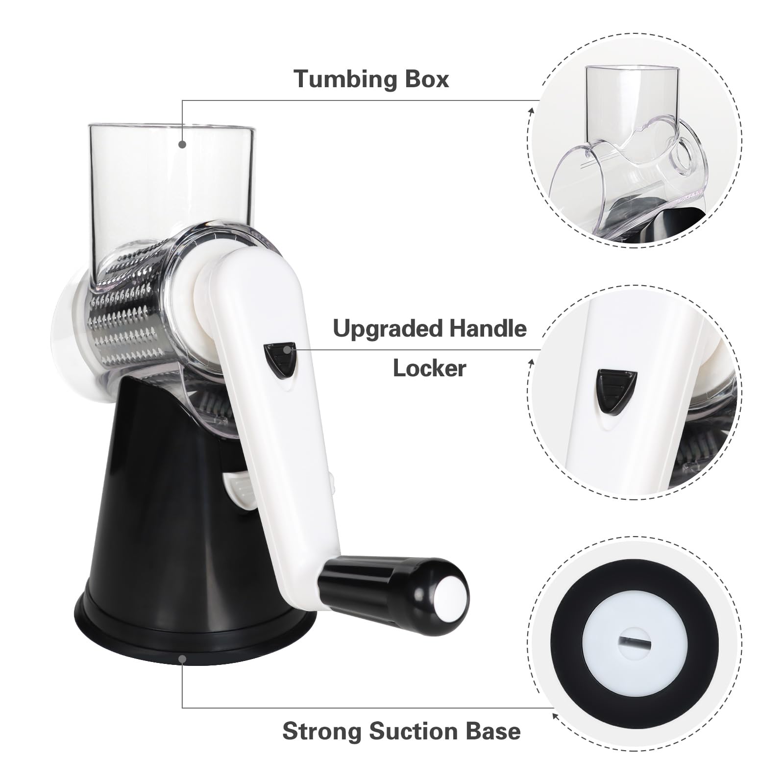 Cambom Rotary Cheese Grater - Hand Crank Cheese Shredder for Fresh Cheese, Vegetables & Nuts with Non-Slip Suction Base - Includes Free Cleaning Brush & 3 Blades (Black) - Perfect for Kitchen, Pizza Making & Food Prep