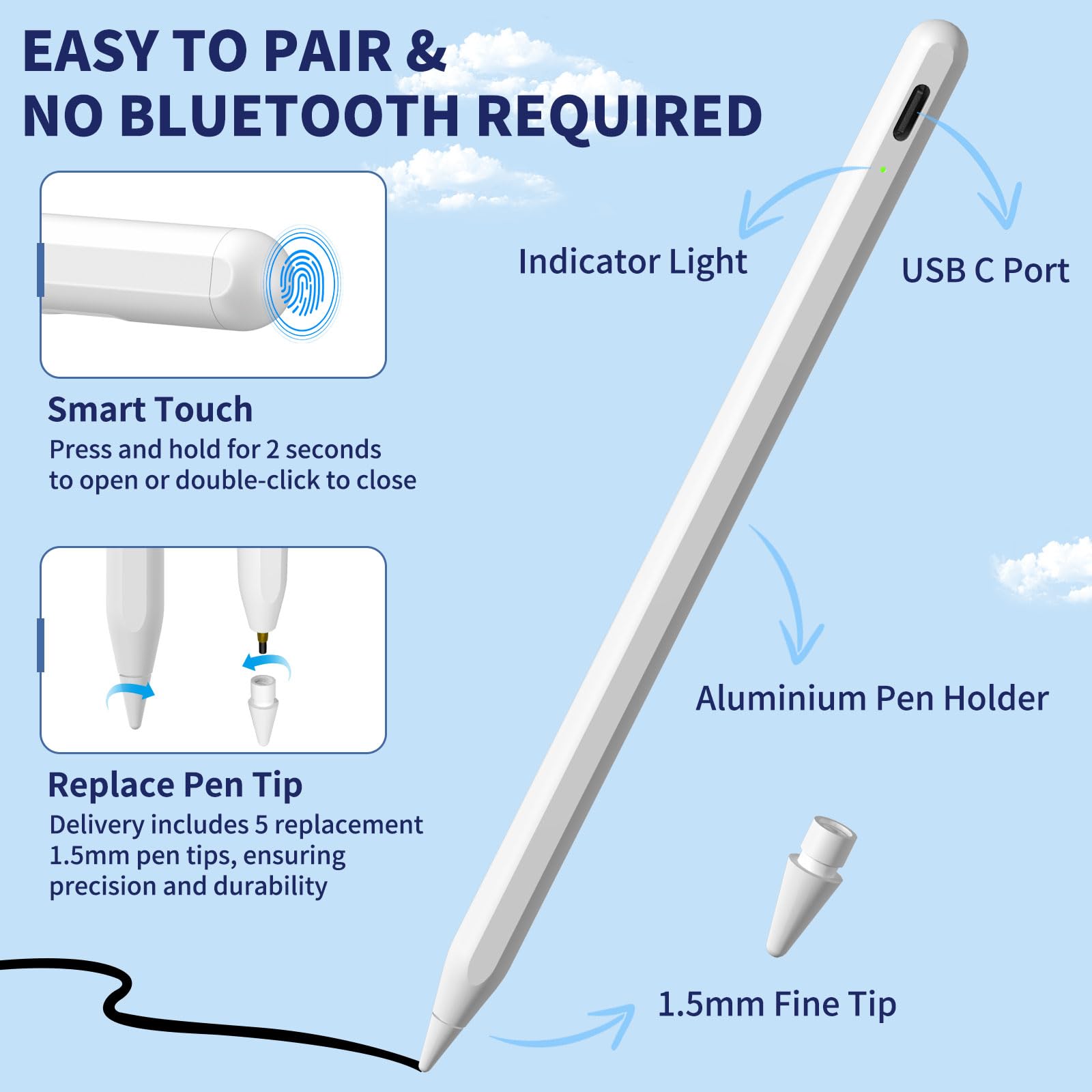 Apple Pencil for iPad 9th & 10th Gen - Fast Charging Stylus with Palm Rejection & Tilt Sensitivity - Compatible with iPad Pro 11/12.9