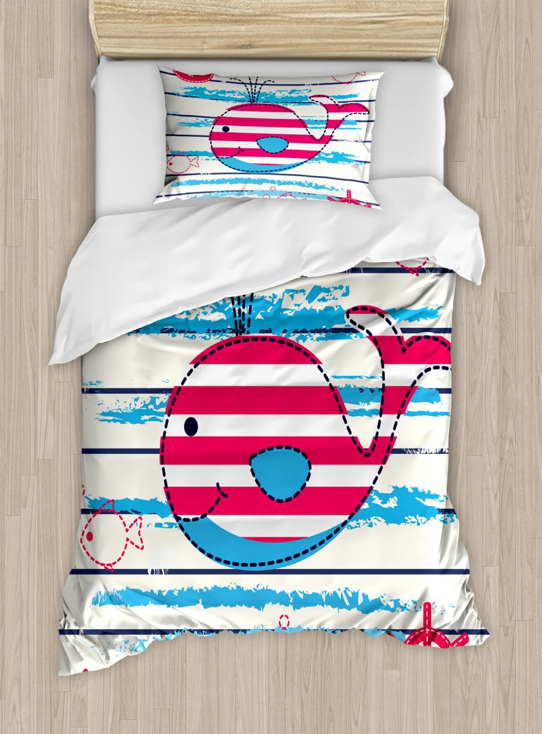 Ambesonne Cartoon Whale & Fish Duvet Cover Set - 2 Twin Size Duvet Covers & 2 Pillowcases, Sailor Marine World Print in Cream Red Blue - Perfect for Kids' Bedrooms, Beach Themed Decor & Nautical Nursery Designs