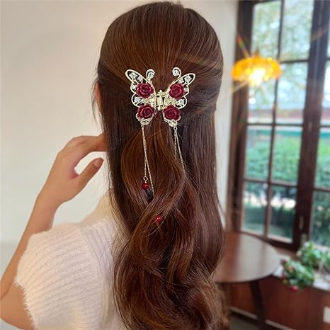 Red Rose Hair Claw Clip - Flocked Rose Hair Pin for Women & Girls | Wedding, Bridal & Party Hair Accessories | Perfect for Prom, Date Night & Special Occasions
