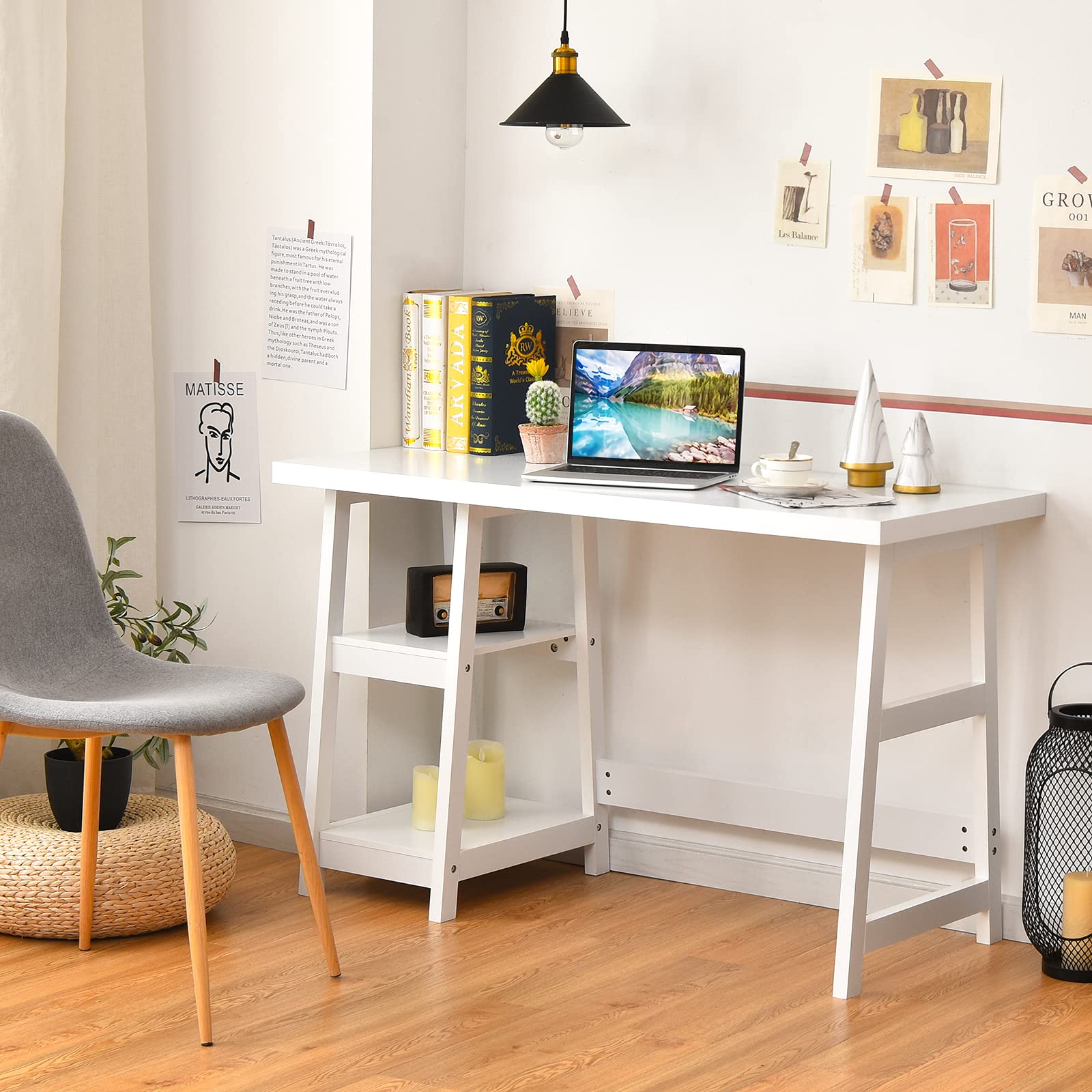 Tangkula White Modern Trestle Desk with Storage Shelves - Home Office Writing Desk, Space Saving Study Desk for Small Bedroom - Perfect for Remote Work & Online Learning