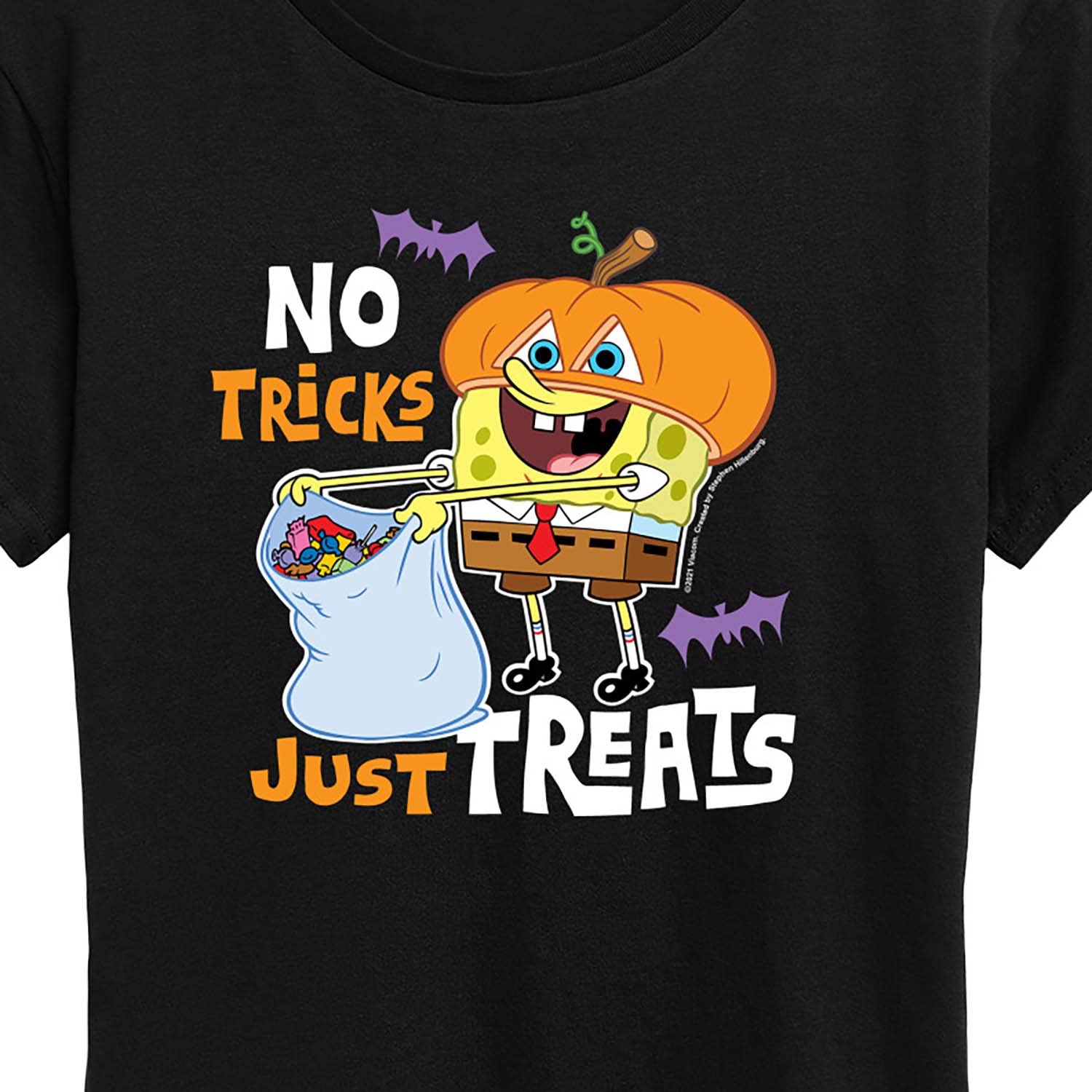 HYBRID APPAREL Women's Spongebob Squarepants No Tricks Just Treats Graphic T-Shirt - Funny Cartoon Short Sleeve Tee for Halloween, Cosplay & Casual Wear