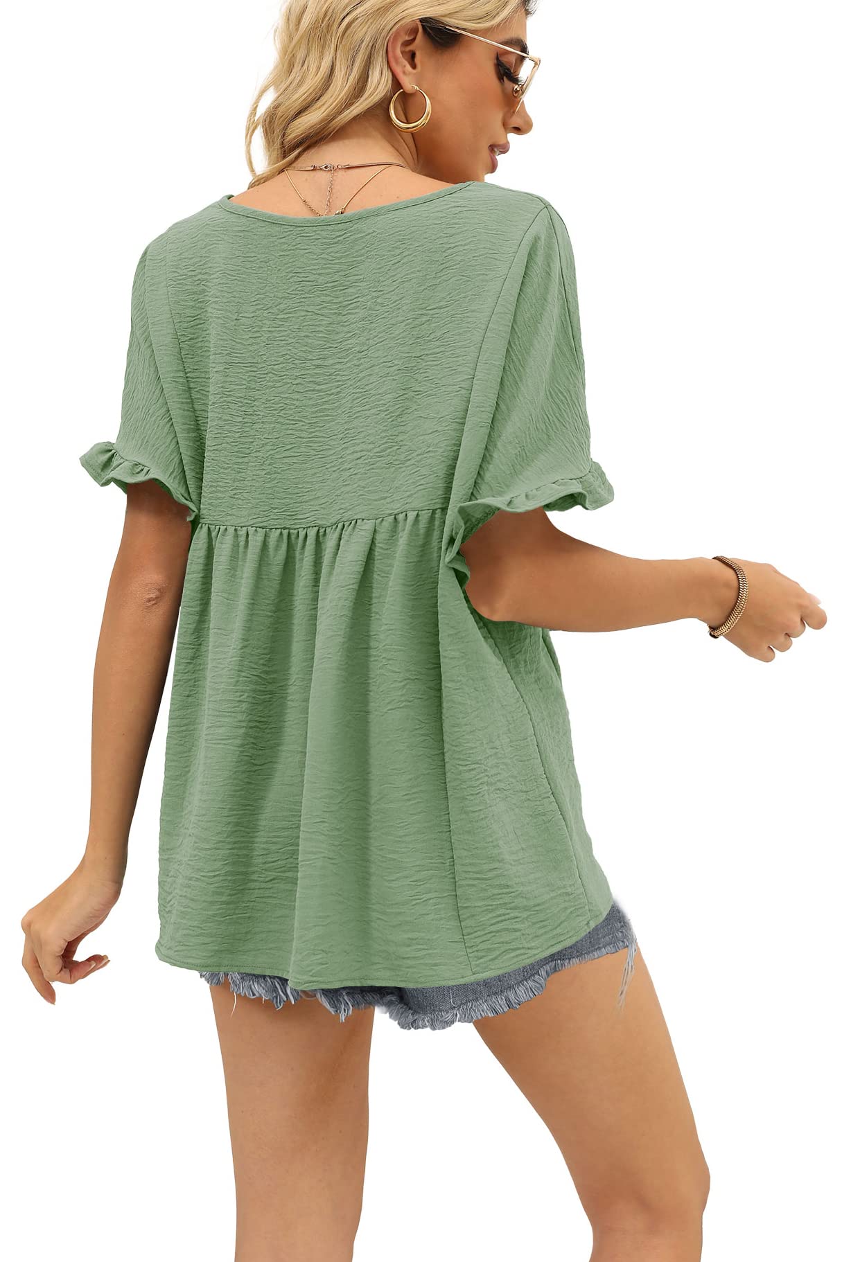 WIHOLL Women's Casual V-Neck Ruffle Sleeve T-Shirt | Loose Fit Babydoll Peplum Top | Perfect for Summer Outfits, Date Nights & Office Wear