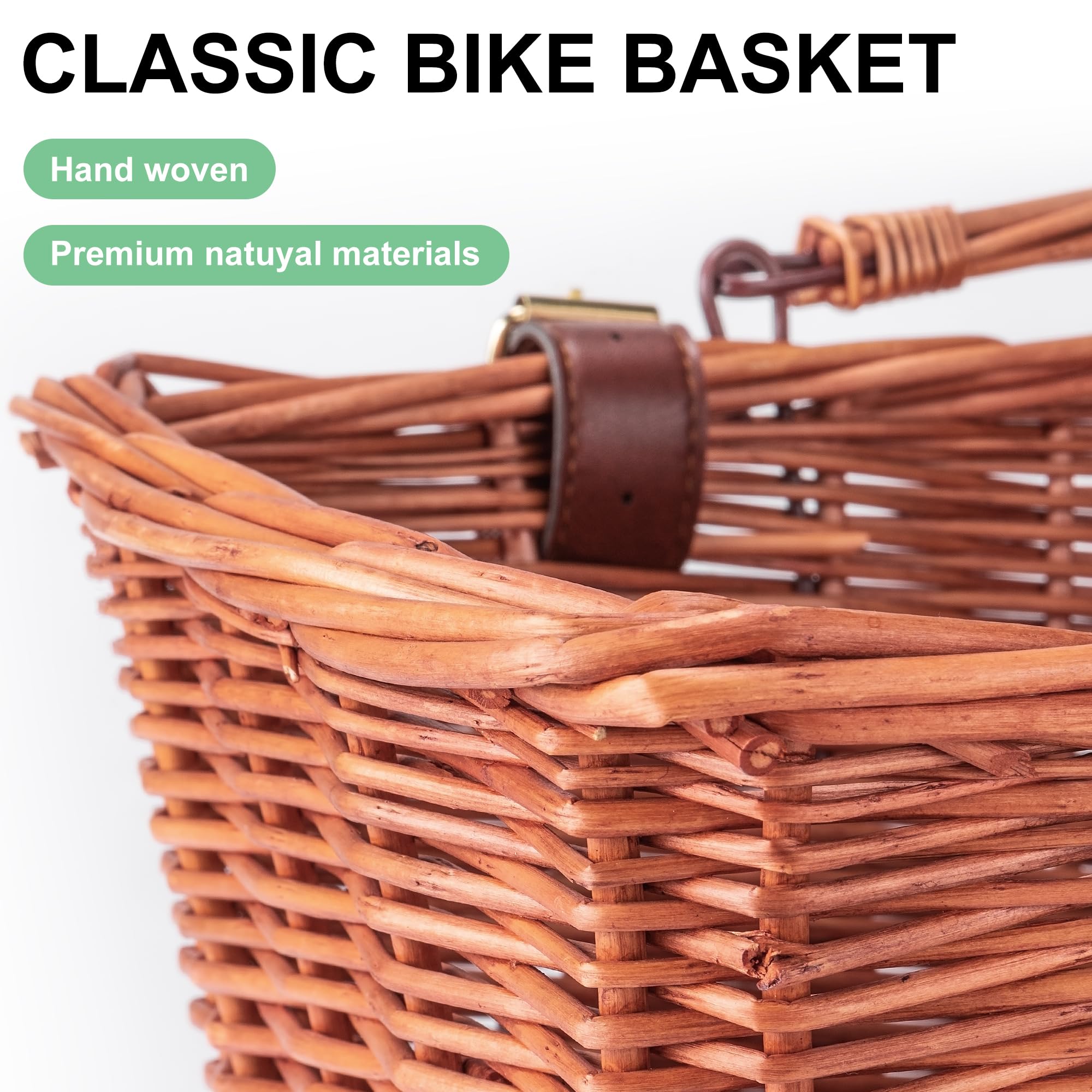 Original Handmade Woven Wicker Bike Basket with Adjustable Leather Straps - Front Bicycle Basket for Commuting, Shopping & Picnics - Durable Rattan Bike Accessory for Women & Men