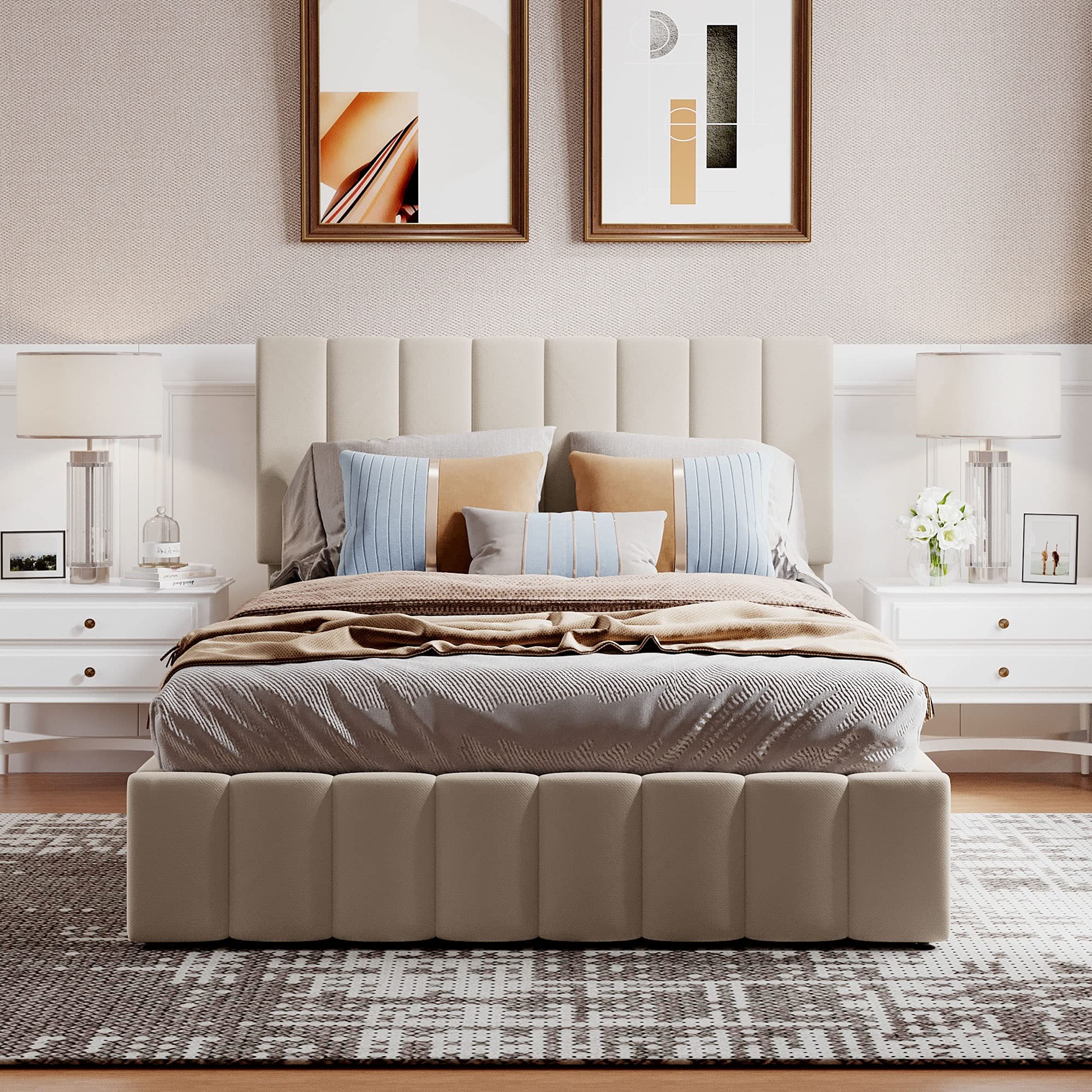 GAOWEI Full Upholstered Platform Bed with Hydraulic Storage System - Wooden Bed Frame with Headboard & Gas Lift Storage - Beige - Perfect for Small Bedrooms & Guest Rooms with Extra Storage Needs