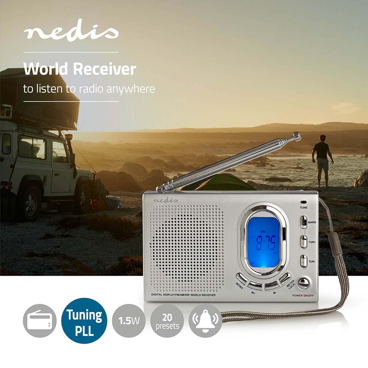 Nedis Portable AM/FM/SW World Radio Receiver with Alarm Clock, LED Display & Headphone Jack | Battery Powered 1.5W Grey | Perfect for Travel, Emergency, Home & Outdoor Use