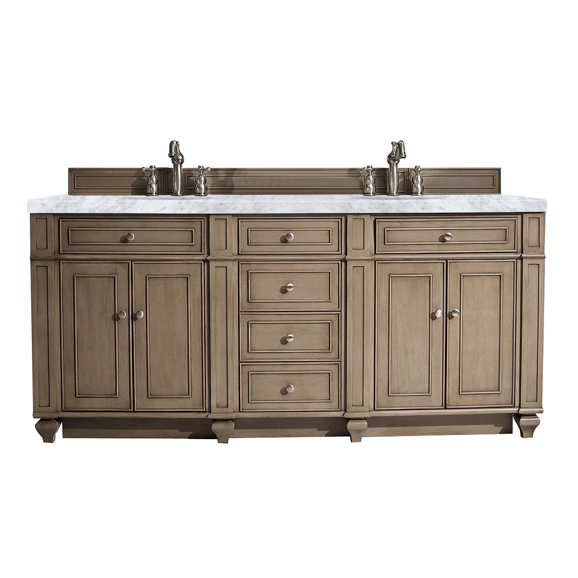 Bristol 72 Inch Double Vanity with Whitewashed Walnut Finish & 3CM Carrara Marble Top - Perfect for Modern Bathroom Renovation & Luxury Home Decor