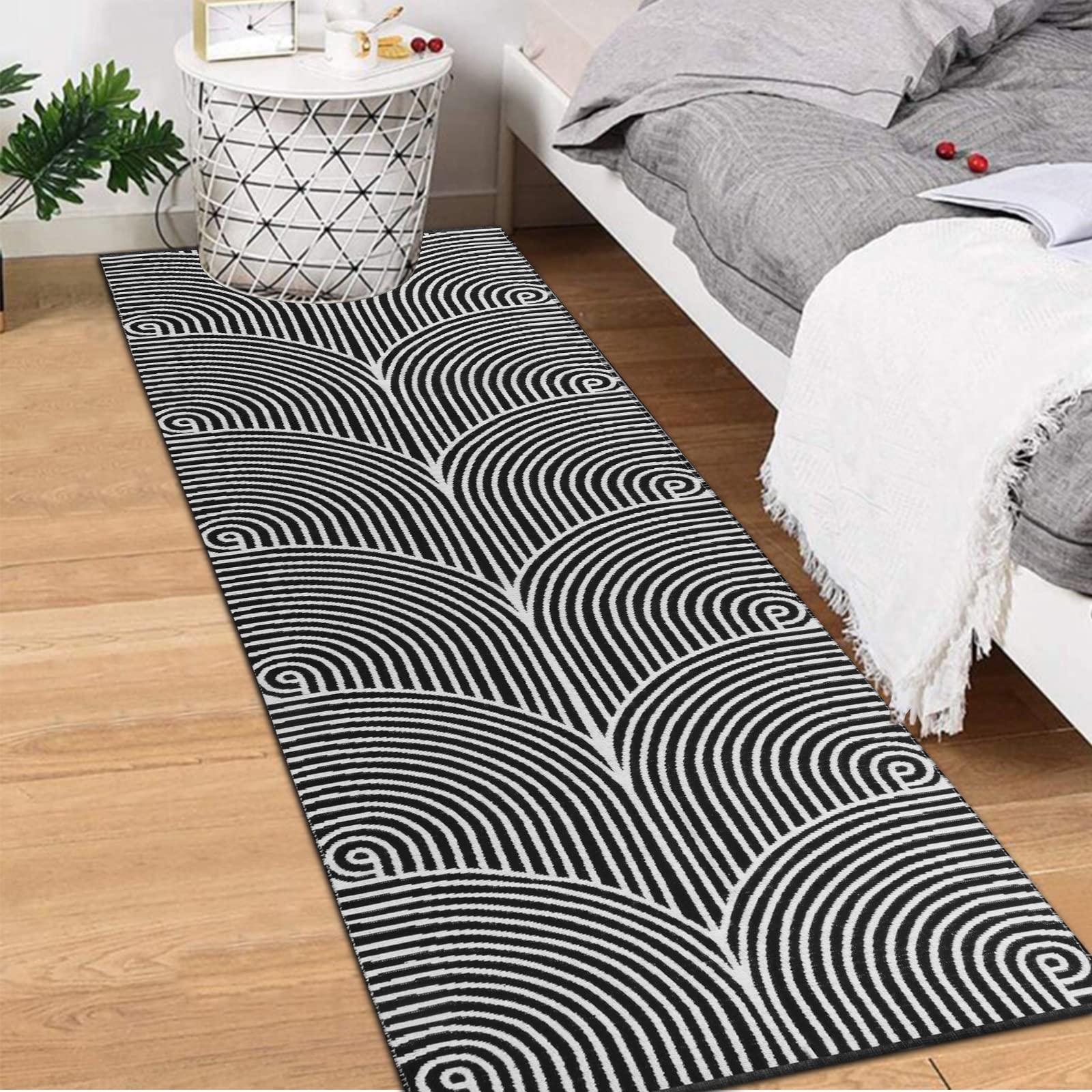 Tiffasea 2'x6' Woven Runner Rug - Machine Washable Reversible Cotton Indoor Outdoor Rug for Hallway, Entryway, Living Room, Laundry, Bathroom, Bedroom - Black and White Striped Design - Perfect for High Traffic Areas and Home Decor
