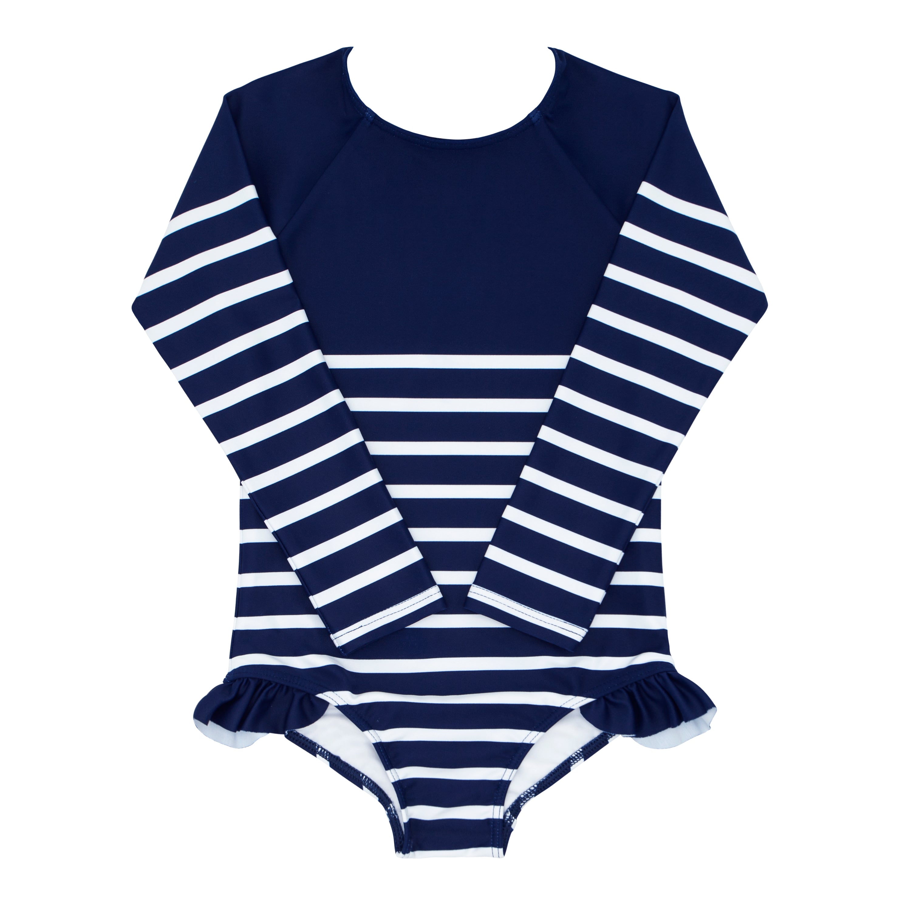 Girls Navy Blue Breton Stripe Rashguard One Piece - UV Protection Swimwear for Kids, Beach & Pool Activities