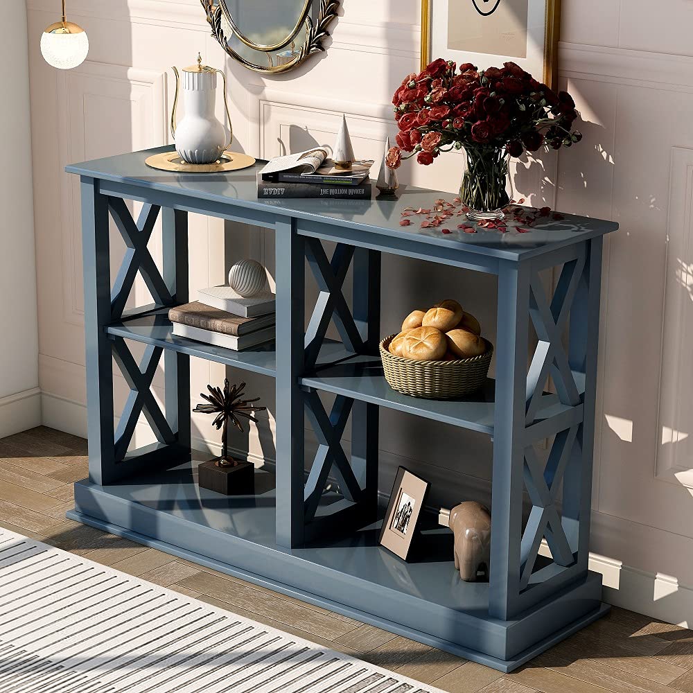 Modern Console Table with 3-Tier Open Storage & X-Shaped Legs - Navy Blue Entryway Table for Living Room, Hallway, Dining Room | Perfect for Home Decor, Small Space Organization & Displaying Decorative Items