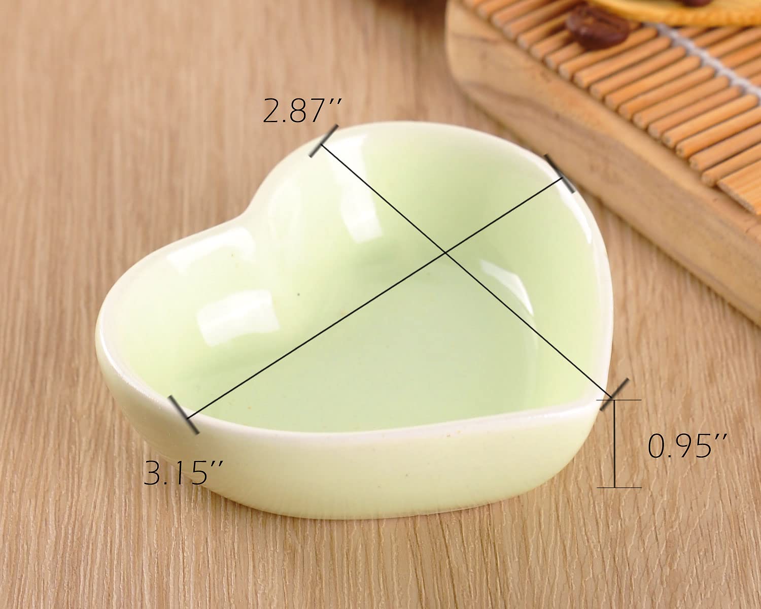 WHJY Green Love Heart Shaped Ceramic Side Dish Bowl Set of 6 - Contemporary Porcelain Appetizer Plates for Soy Sauce, Dipping & Seasoning - Perfect for Wedding, Birthday Party & Romantic Dinner Table Setting