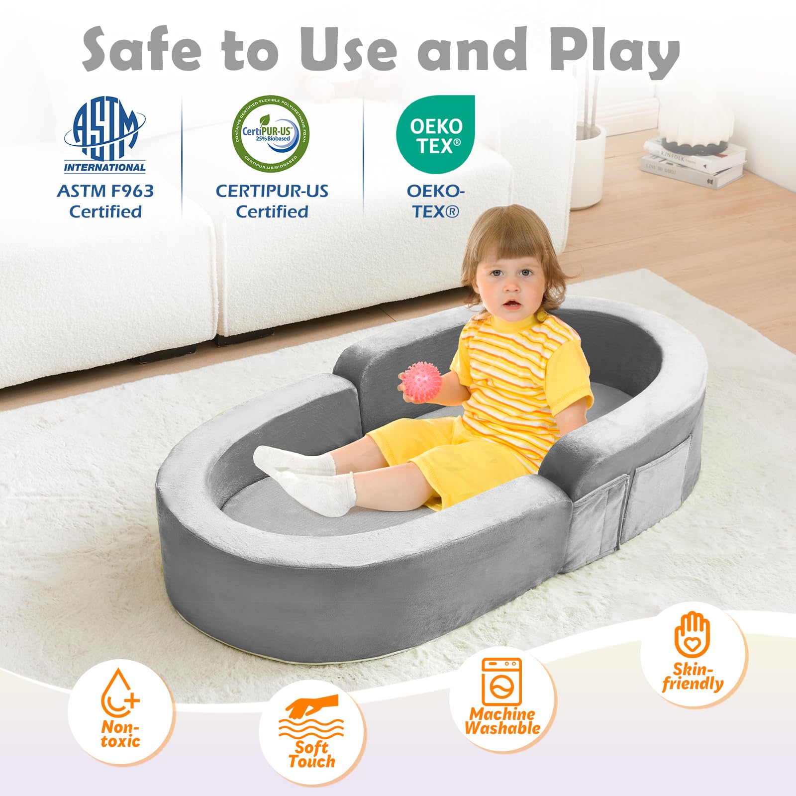 Portable Toddler Travel Bed - Foldable 2-in-1 Kids Sofa with Soft Foam & Washable Cover | Convertible Toddler Cot for Indoor & Outdoor Use | Perfect for Camping, Sleepovers, and Travel Adventures