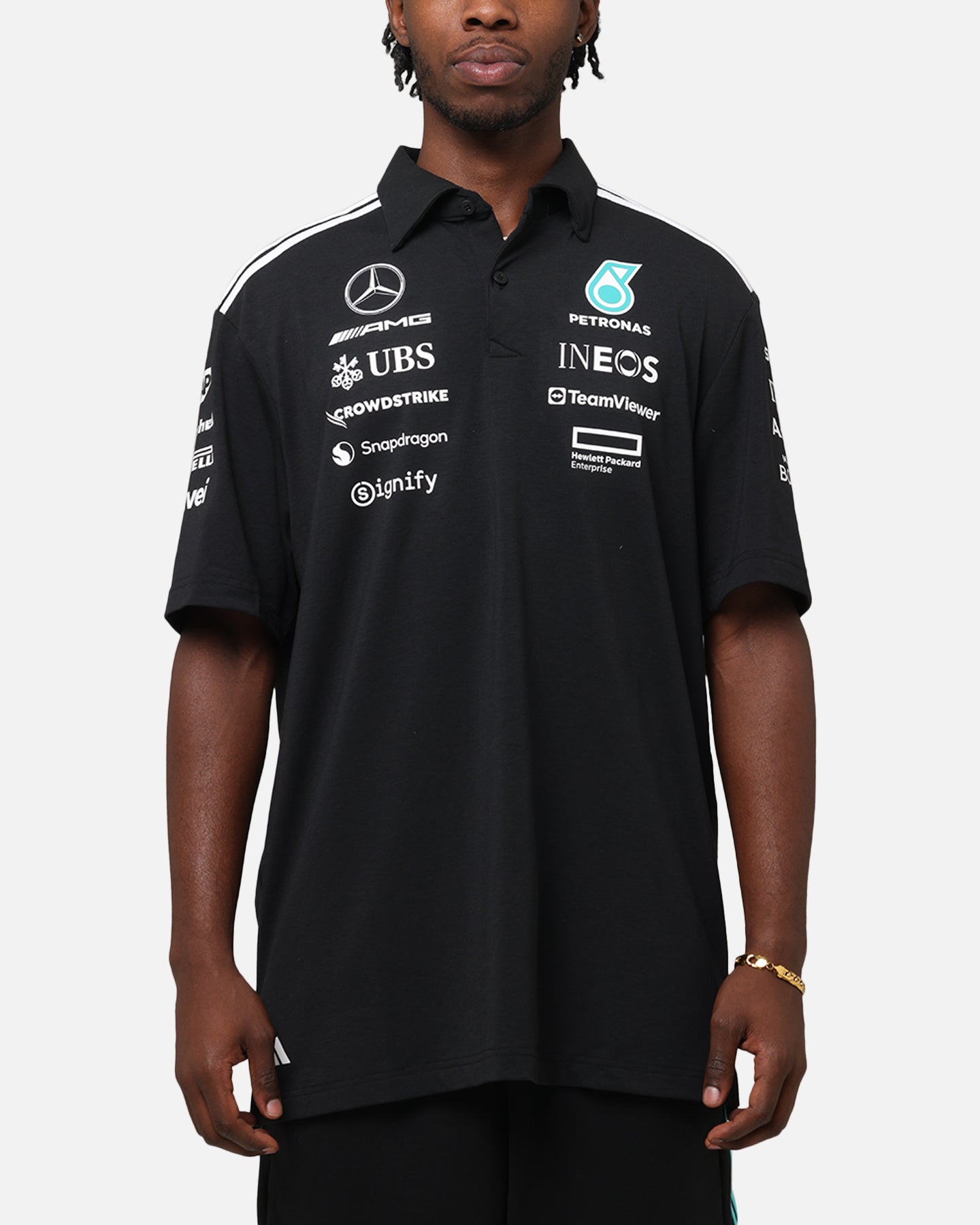 Adidas x Mercedes AMG PETRONAS F1 2025 Team Polo Shirt - Black & White - Official Formula One Racing Apparel for Fans & Enthusiasts - Perfect for Race Day & Casual Wear