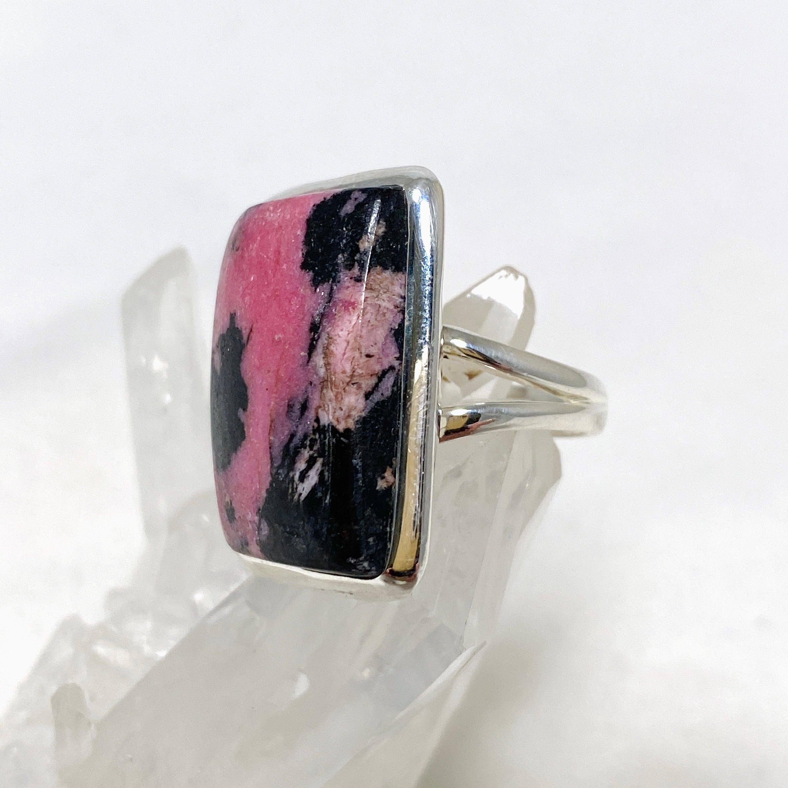 Rhodonite Rectangle Split Band Ring for Women - Size 6 Sterling Silver Healing Stone Jewelry KRGJ3211 | Gift for Her, Meditation, Energy Balancing