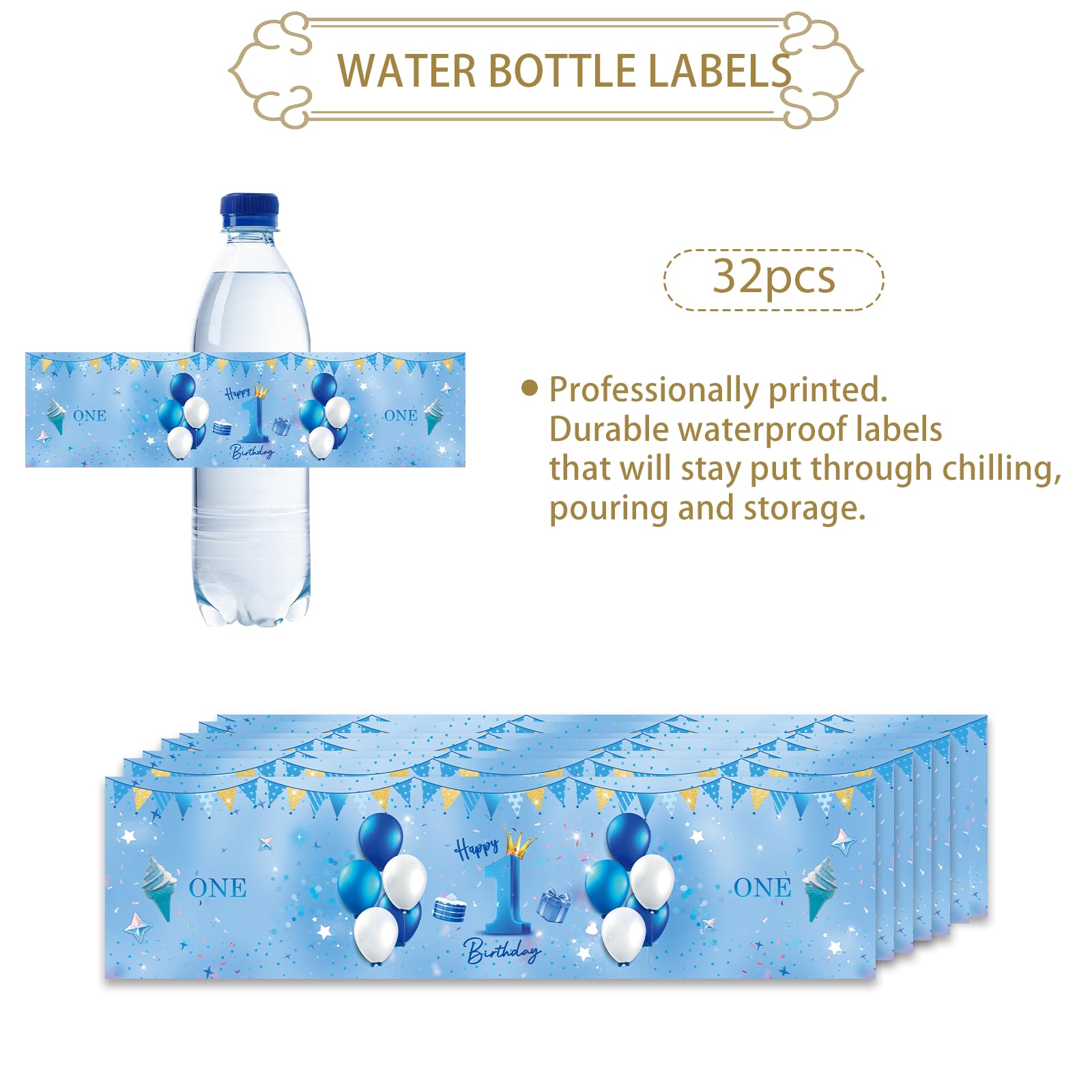32pcs Blue Happy 1st Birthday Water Bottle Labels - Balloon Blue Glitter Cheers to One Year Old Stickers - 1st Birthday Party Decorations - Baby Shower, Anniversary Celebration Supplies - Perfect for Birthday Parties, Baby Showers & Special Events