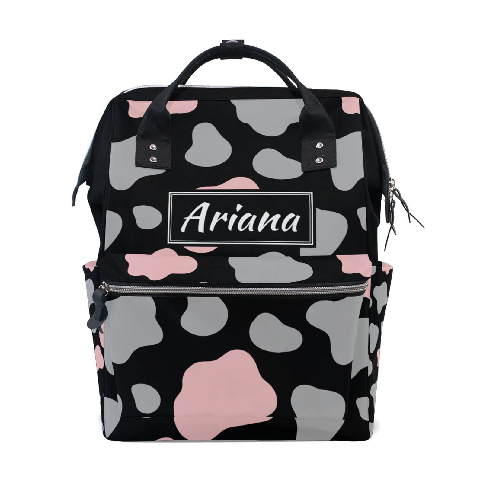 Custom Cow Print Pink & Gray Diaper Backpack - Large Capacity Personalized Mommy Baby Bag for Travel, Daycare & Outings - Perfect Gift for New Moms & Baby Girls