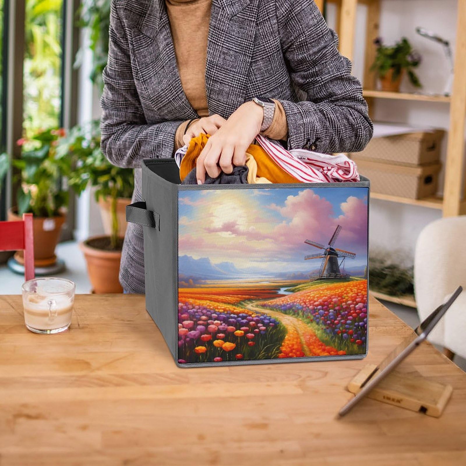 Dutch Windmills Tulips Foldable Storage Cubes - 6 Pack Collapsible Fabric Bins with Handles for Home, Office, Nursery & Closet Organization - Stylish Square Storage Baskets for Toys, Books & Laundry