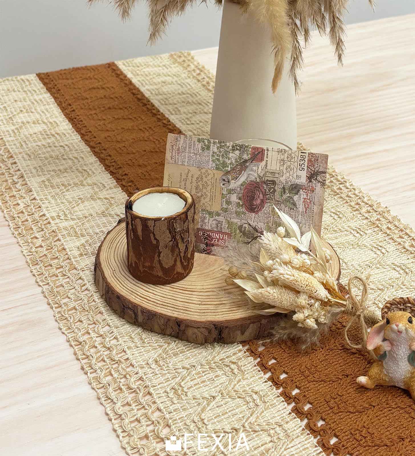 FEXIA 90 Inch Macrame Table Runner with Tassels - Bohemian Farmhouse Style Dining Decor for Wedding, Bridal Shower & Party | Rustic Brown (12x90 Inches) | Perfect for Boho Chic Home, Outdoor Picnics & Holiday Tablescapes