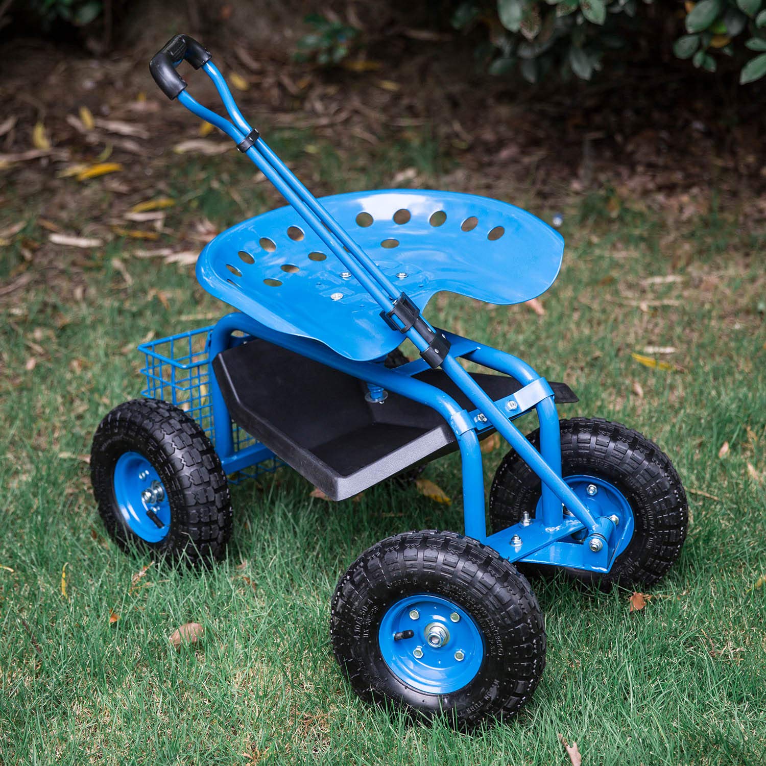 Heavy Duty Rolling Garden Cart Scooter Stool with Seat & Wheels - Adjustable Handle 360° Swivel Mobility Scooter - Perfect for Gardening, Landscaping & Outdoor Chores (Blue)