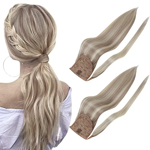 22+18 Inch Full Shine Real Human Hair Ponytail Extensions - Ash Blonde & Bleach Blonde Highlights for Women | Perfect for Parties, Weddings & Everyday Styling