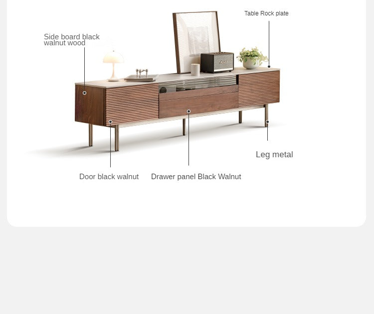Modern Black Walnut Solid Wood TV Stand with Rock Panel Design - Stylish Entertainment Center for Living Room, Home Theater & Media Storage