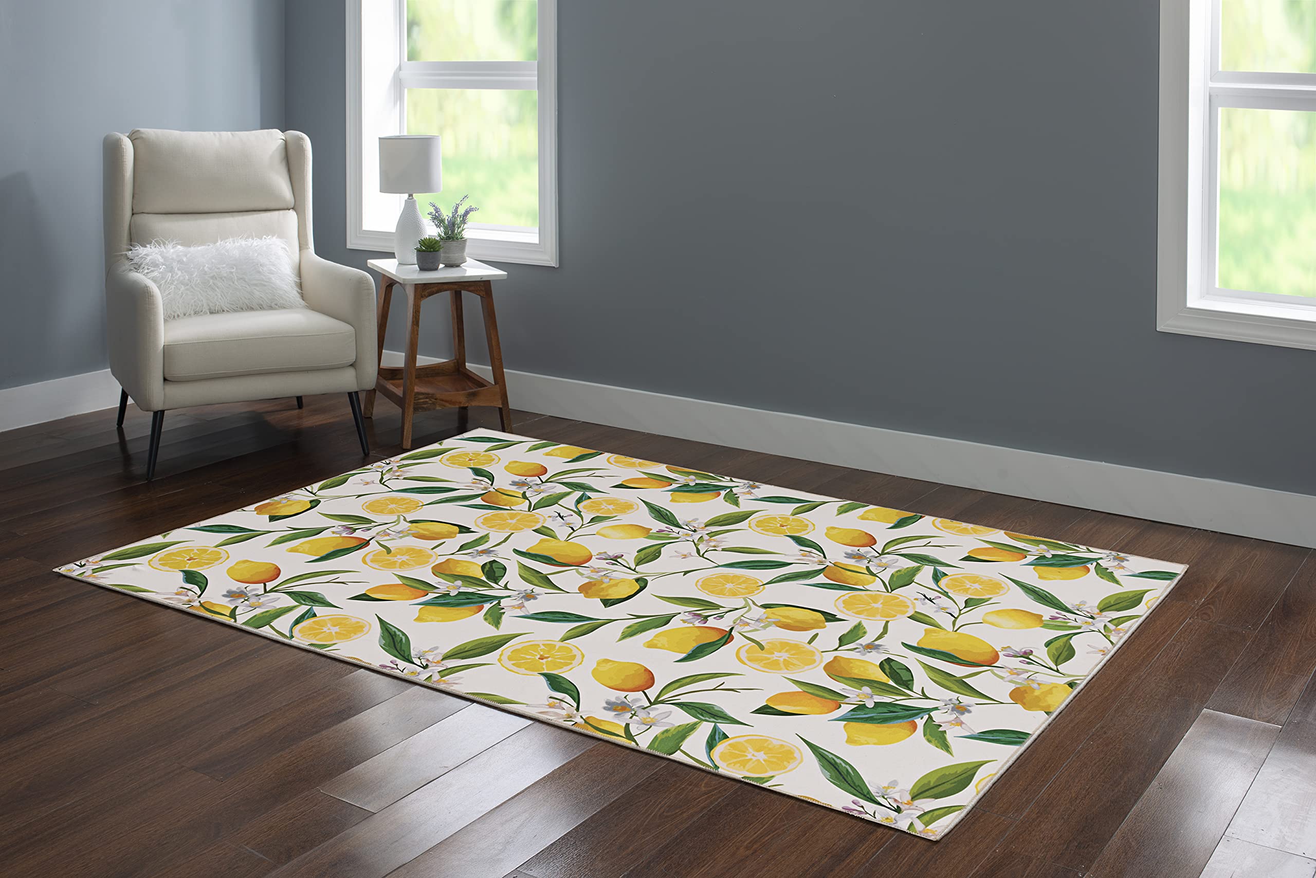Linon The Anywhere Washable Rug 5' X 7' Area Rug - Soft Ivory & Yellow Geometric Pattern - Perfect for Living Room, Bedroom, or Office Decor