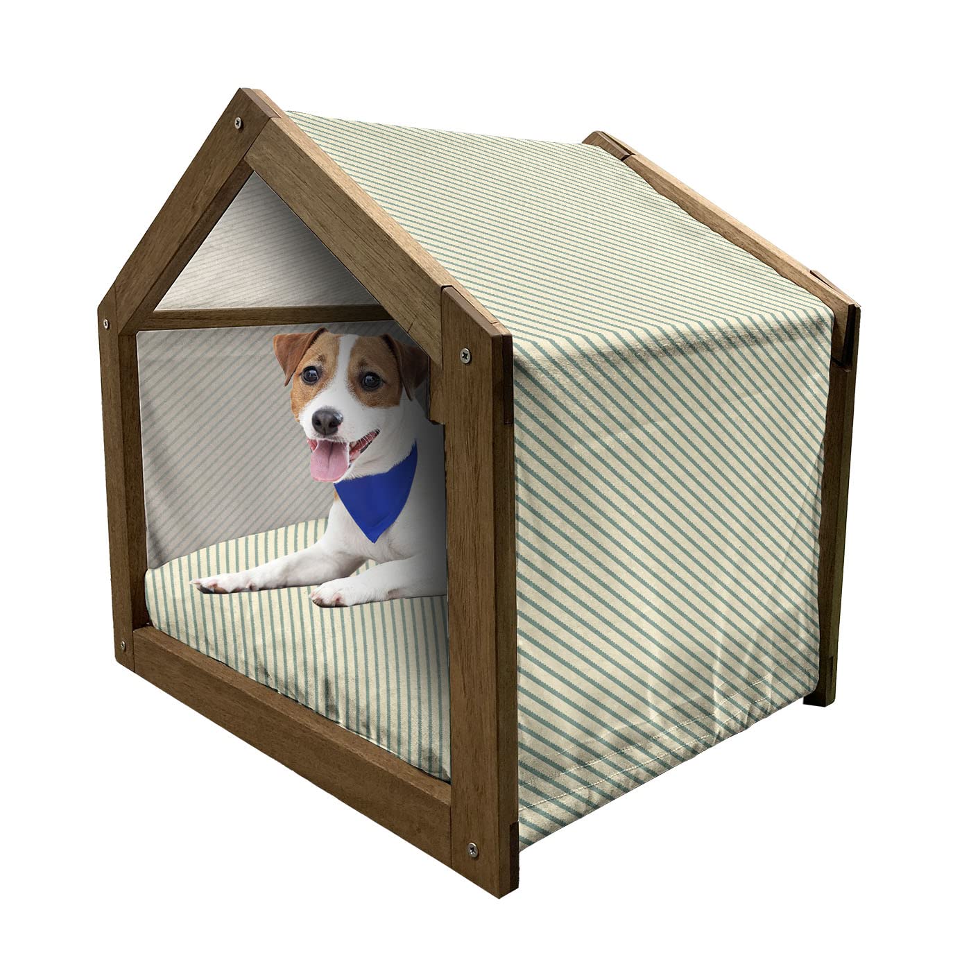 Ambesonne Retro Wooden Pet House - Vintage Geometric Green Stripes Design, Indoor & Outdoor Portable Dog Kennel with Pillow & Cover, Large Size (Jade Green & Cream) - Perfect for Home, Garden, and Travel Use