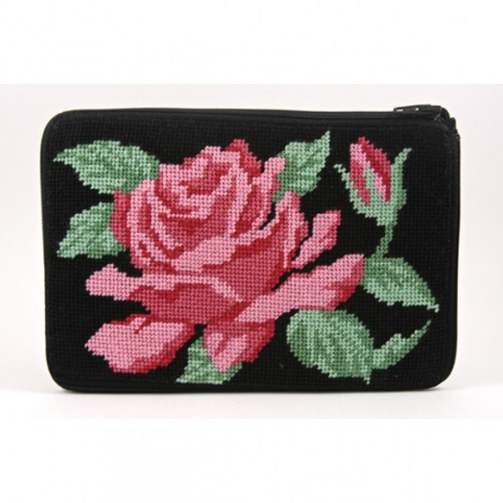 Elegant Rose Needlepoint Cosmetic Purse Kit - DIY Embroidery Makeup Bag for Women - Perfect for Travel, Gifts & Vintage Style Accessories