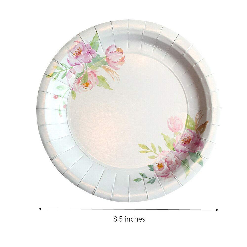 8.5 Inch Floral Disposable Paper Plates - Elegant Dinner & Dessert Plates for Parties (100 Pack) | Perfect for Bridal Showers, Baby Showers, Weddings, Anniversaries, Birthdays & Holiday Celebrations