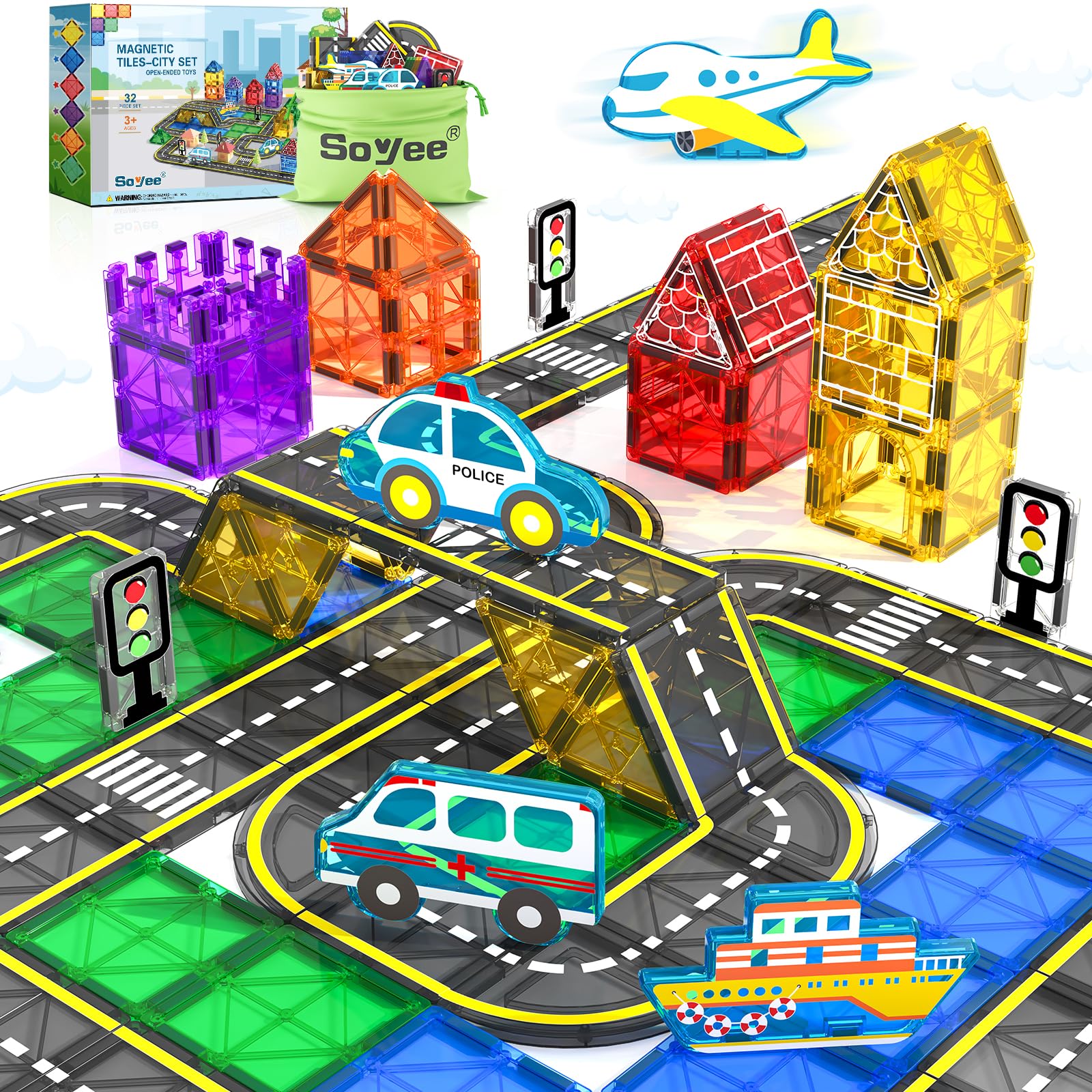 Soyee Magnetic Tiles Road Cars Toys - 120PCS Magnetic Building Blocks for Kids Ages 3-8, STEM Educational Construction Toys for Toddlers & Preschoolers - Perfect Birthday Gift for Boys & Girls | Creative Play, Classroom Learning, Sensory Development