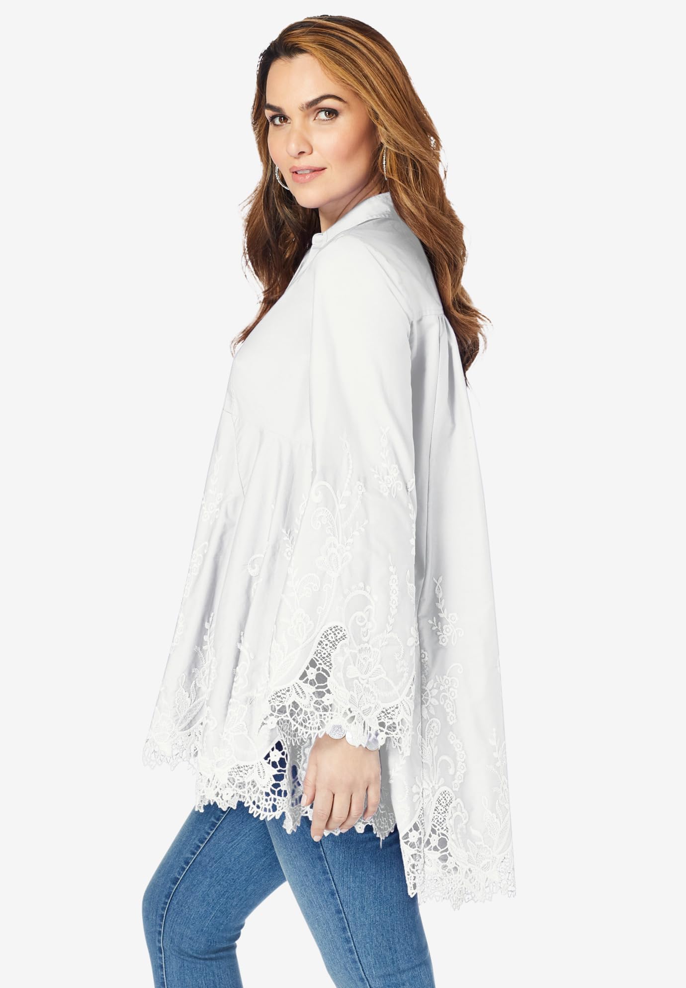 Roaman's Women's Plus Size Poplin Embroidered Swing Tunic Top - Floral Summer Casual Blouse for Work, Church & Outdoor Activities