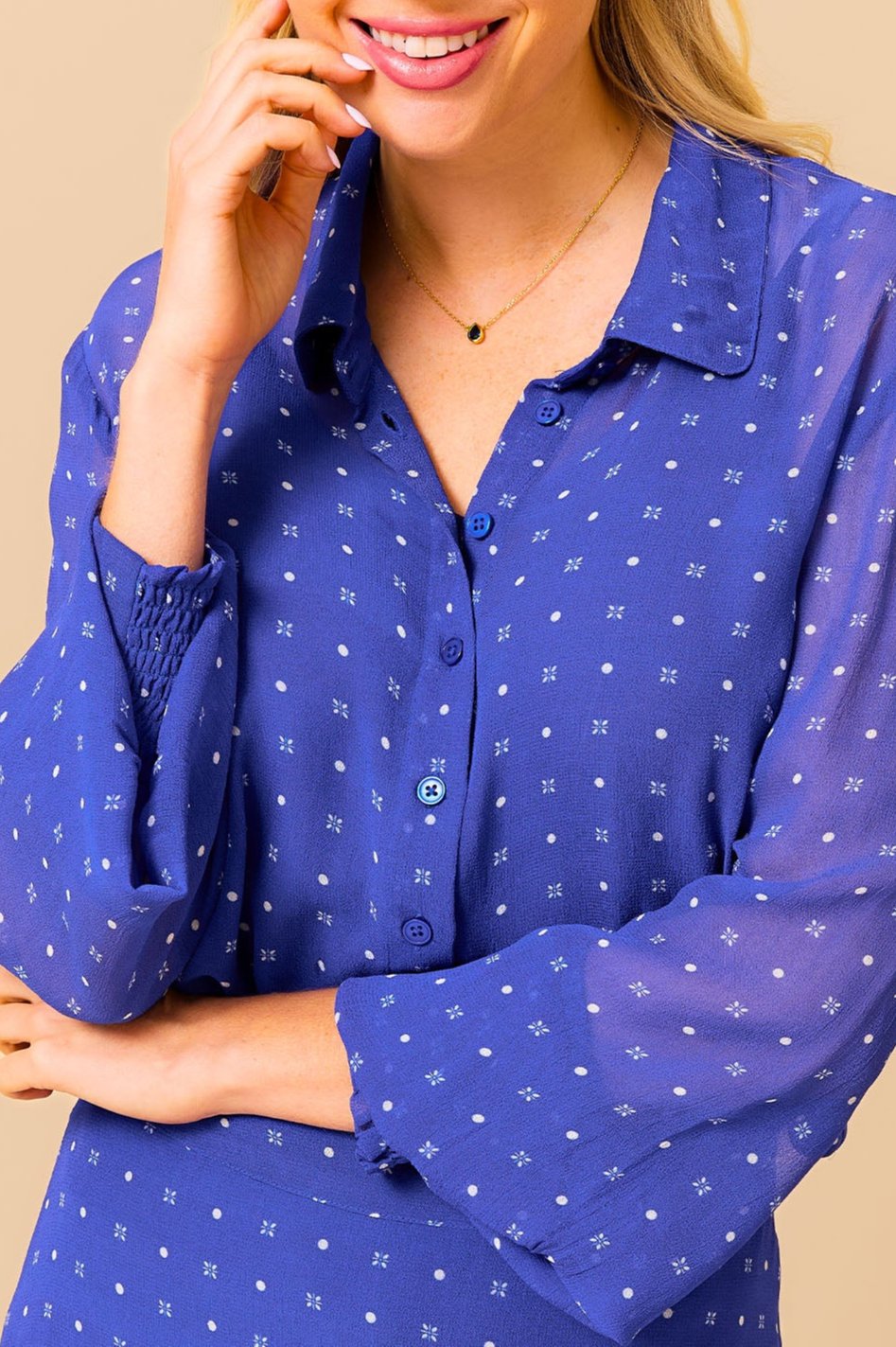 Ffion Women's Polka Dot Cobalt & White Blouse - Stylish Casual Shirt for Work, Date Night & Spring Outfits