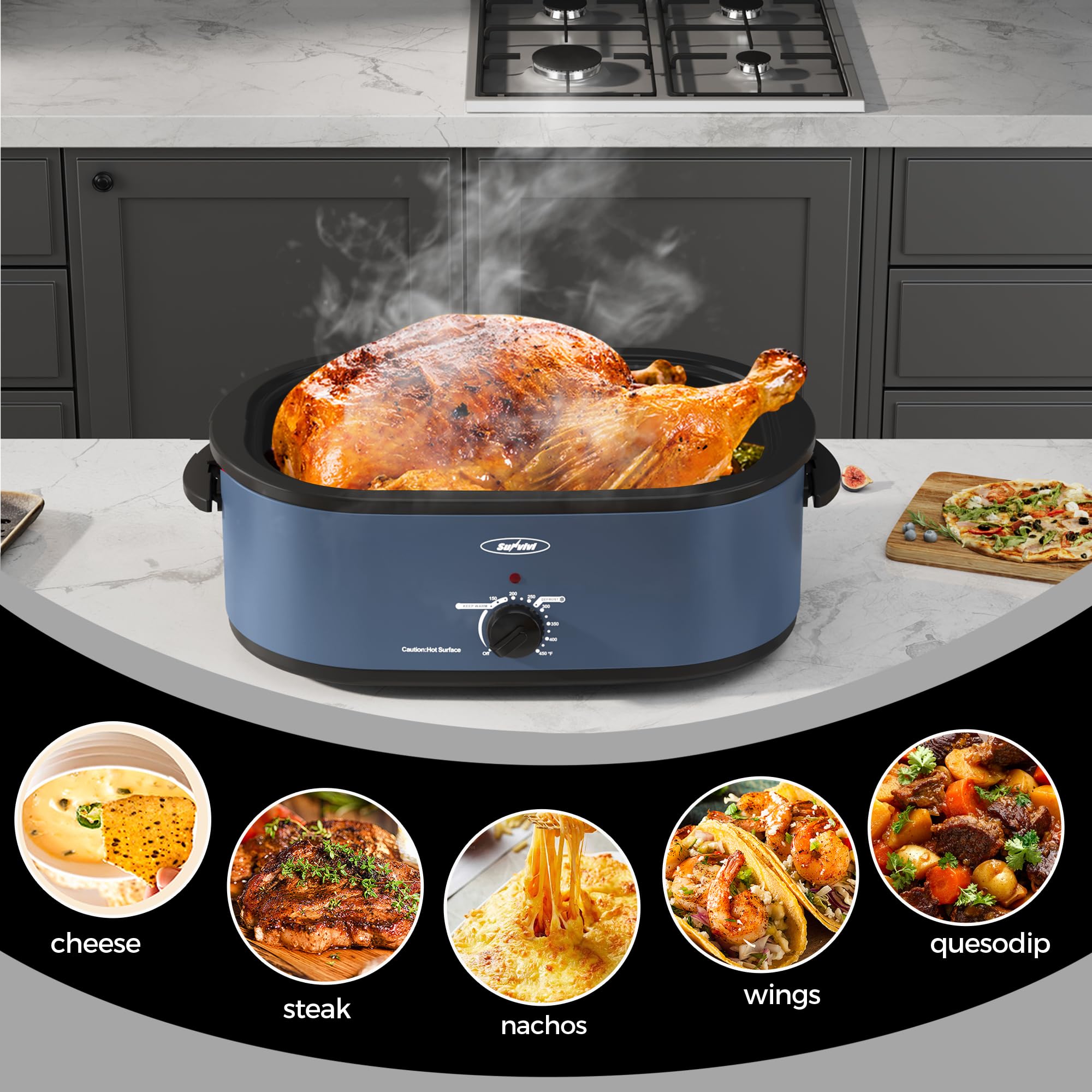 22-Quart Electric Roaster Oven with Removable Pan & Self-Basting Lid - Digital Temperature Control (150-450°F) & Cool-Touch Handles - Perfect for Turkey, Roast Beef, Holiday Meals & Large Family Gatherings - Blue